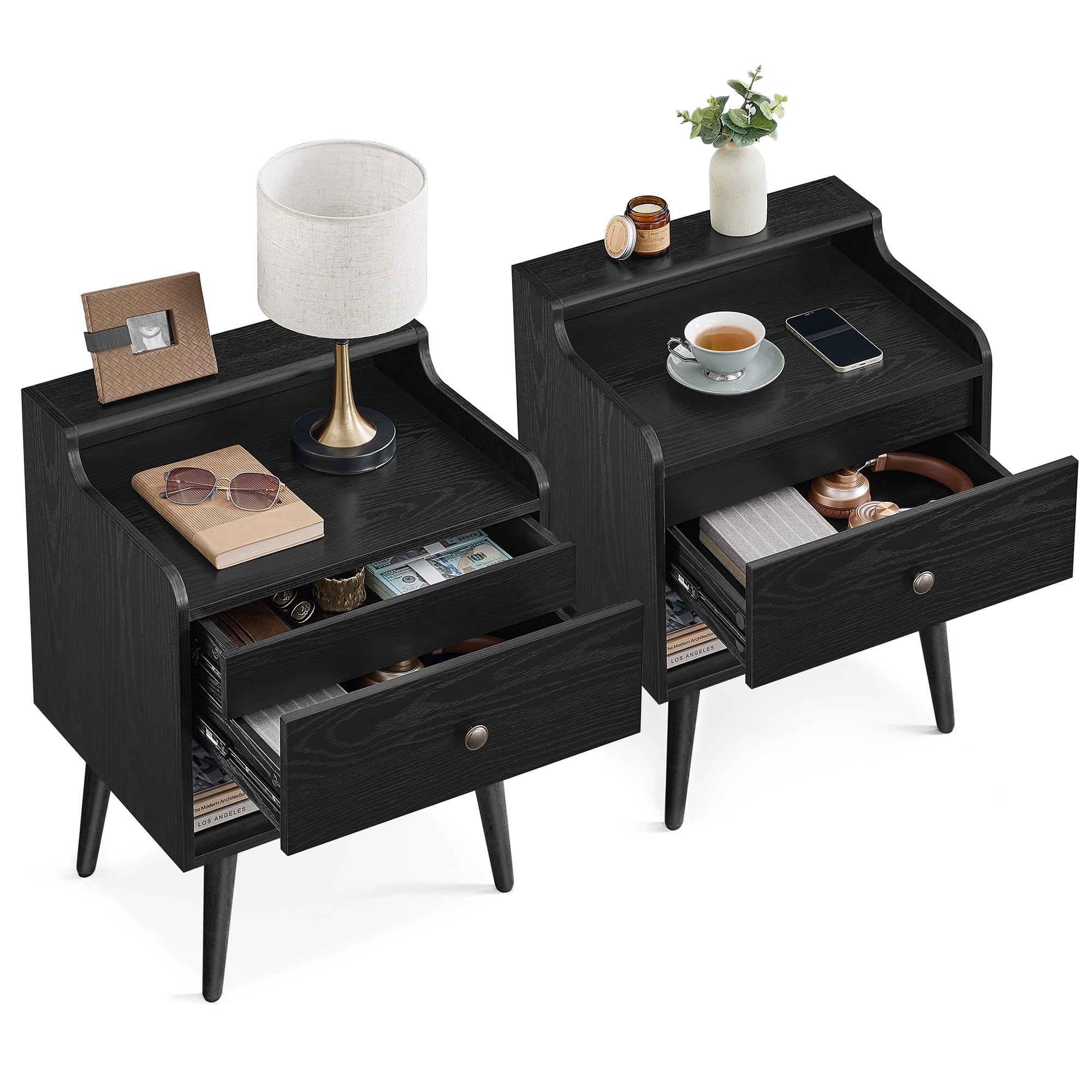 VASAGLE Nightstands, Set of 2, Bedside Tables with Hidden Drawers, Mid-Century End Side Tables with Solid Wood Legs, for Bedroom, Ebony Black ULET624B01 Mid-Century 19.7"W x 27.4"H 2 Pack Eb