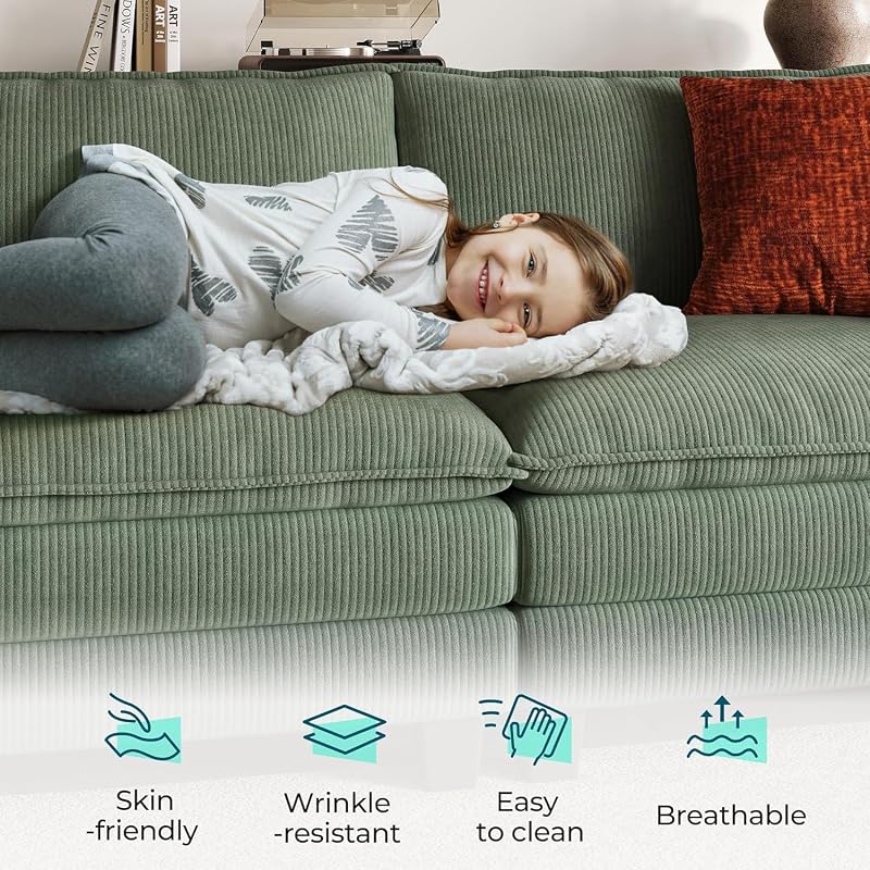 LINSY HOME 90" Modular Cloud Love Seat Sofa, Corduroy Soft Sectional Couch, Modern Comfy Love Seat, Perfect for Living Room, Apartment, Office, Green image 3