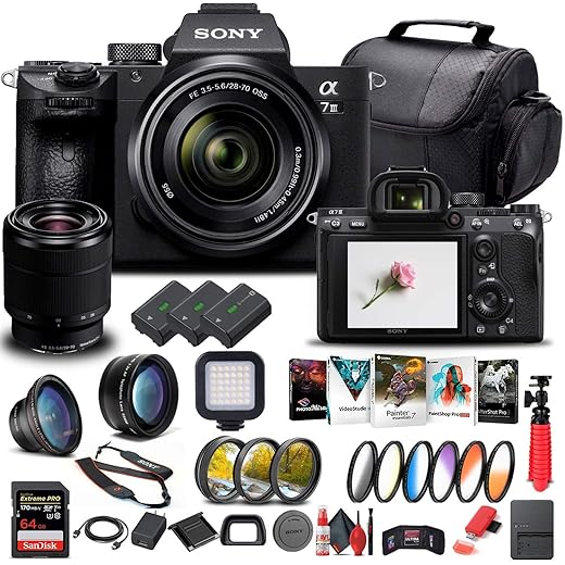 Sony Alpha a7 III Mirrorless Digital Camera with 28-70mm Lens (ILCE7M3K/B) + 64GB Memory Card + 2 x NP-FZ-100 Battery + Corel Photo Software + Case + External Charger + Card Reader + More (Renewed)
