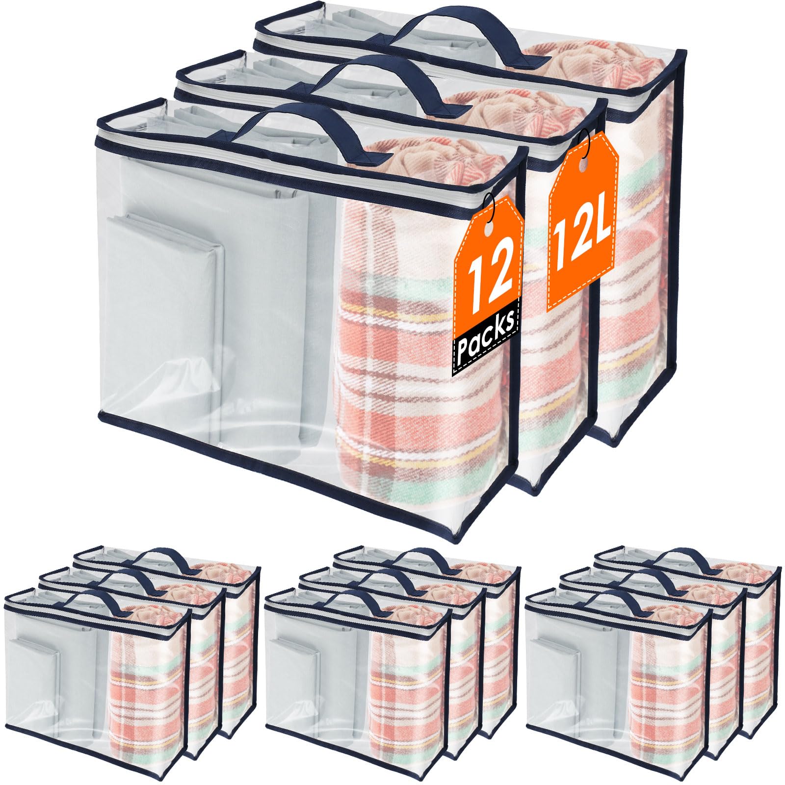Photo 1 of 12 Pack Clear Storage Bags with Zipper,12L Plastic Blanket Storage Bags Waterproof Moving Bags Foldable Closet Organizer Handle for Clothing Bedding Linen Sweater Bed Sheet Clothes,15.7x11.8x3.9 Inch