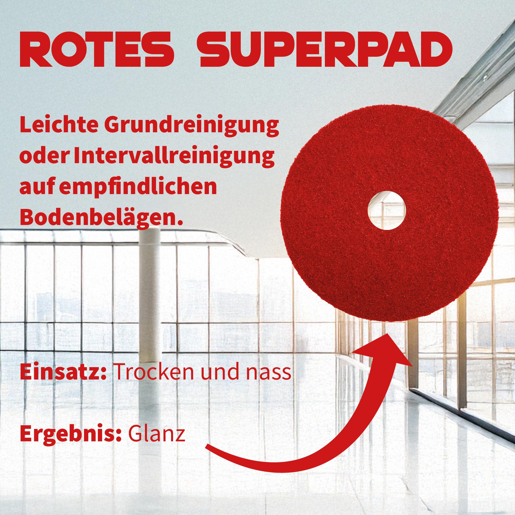 Superpads Maschinenpads aus Polyester 23-25mm - Reinigungspads für Trocken- & Nassanwendung - Hohe Reinigungsleistung für verschiedene Bodenarten (20 Zoll, Rot, 5er Set)