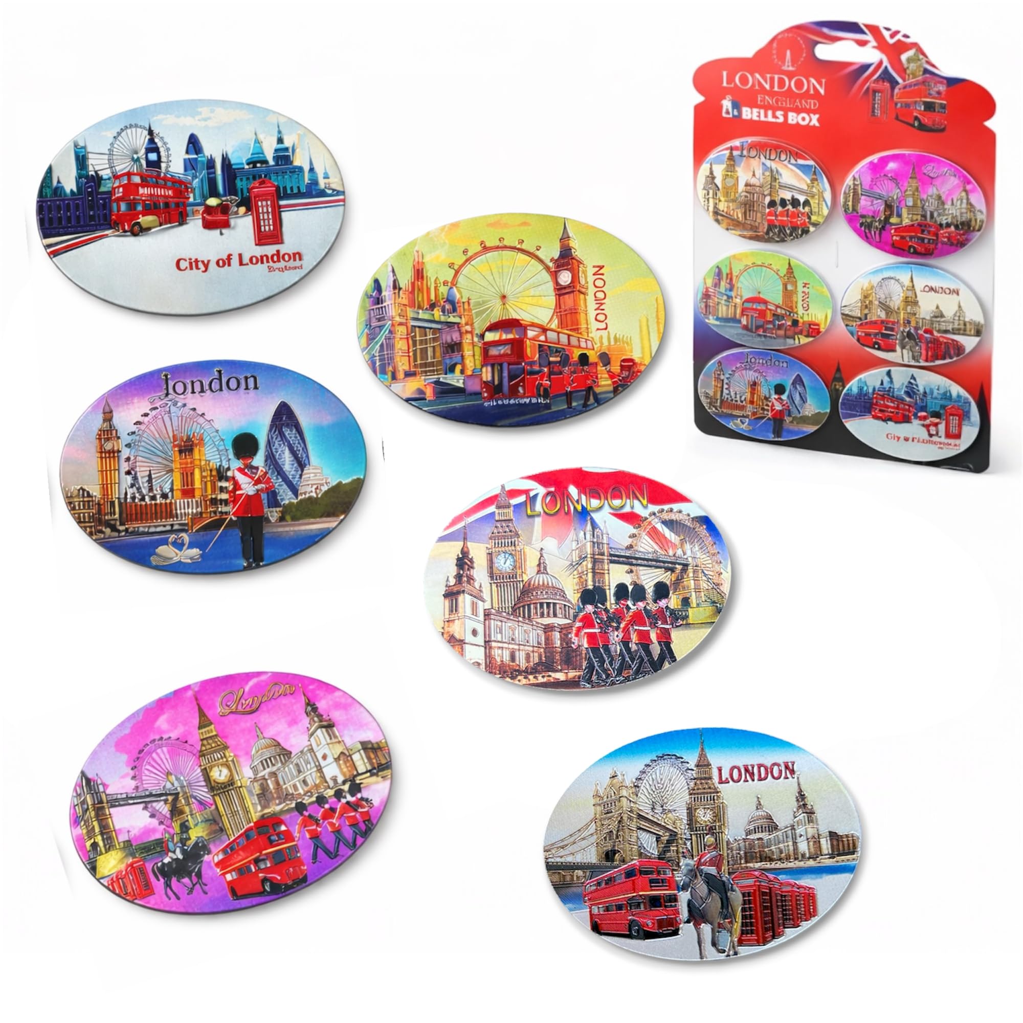 6 London Souvenir Magnet - Union Jack Picture Magnet - London Oval Shape Shiny Fridge Magnets – Iconic London Scene Photo Magnets, magnet gift pack