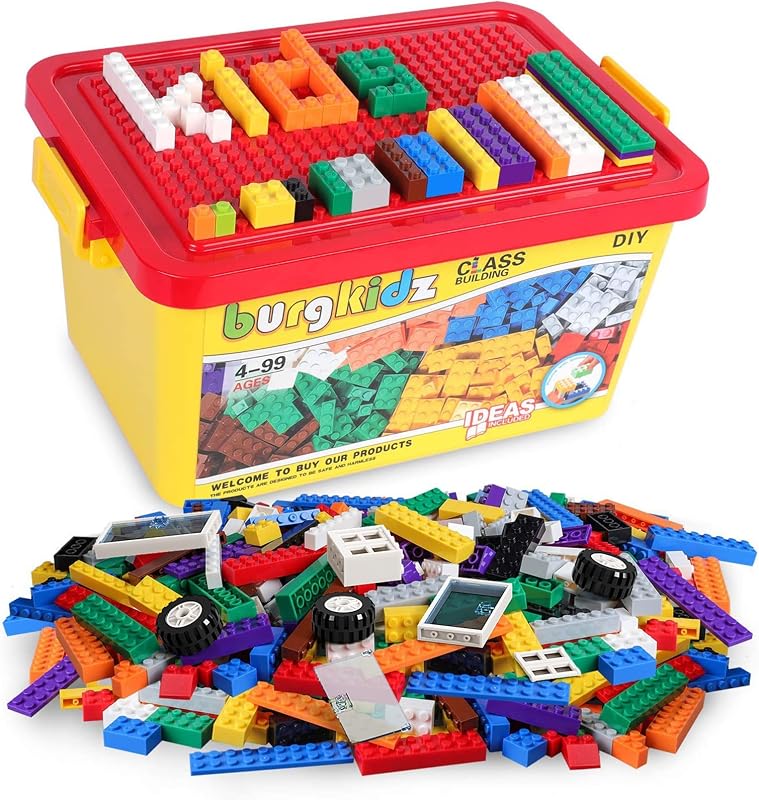 Premium Building Blocks Set: Storage Box with Baseplate Lid | 568-pcs set: 500 bricks/blocks, 14 shapes, 10 colors + wheels/doors/windows. Lid flips to baseplate. Compatible