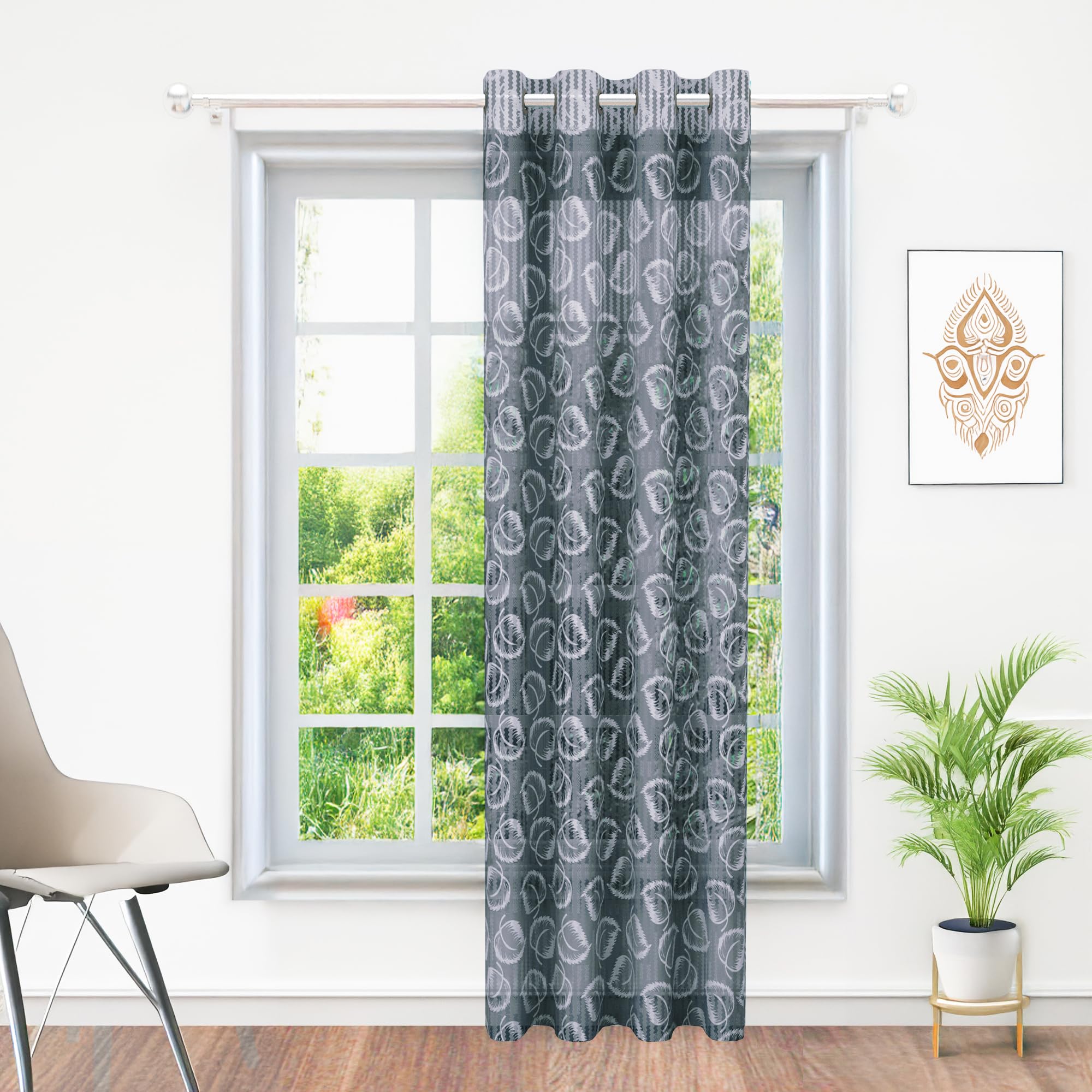 Door Sheer Curtains 7 Feet Long Set of 1 | Leaf Design | Semi Transparent Door Curtain | Net Curtains | Curtain for Living Room | 118 x 215cm, Grey | Perfect for Home Decors discount deal