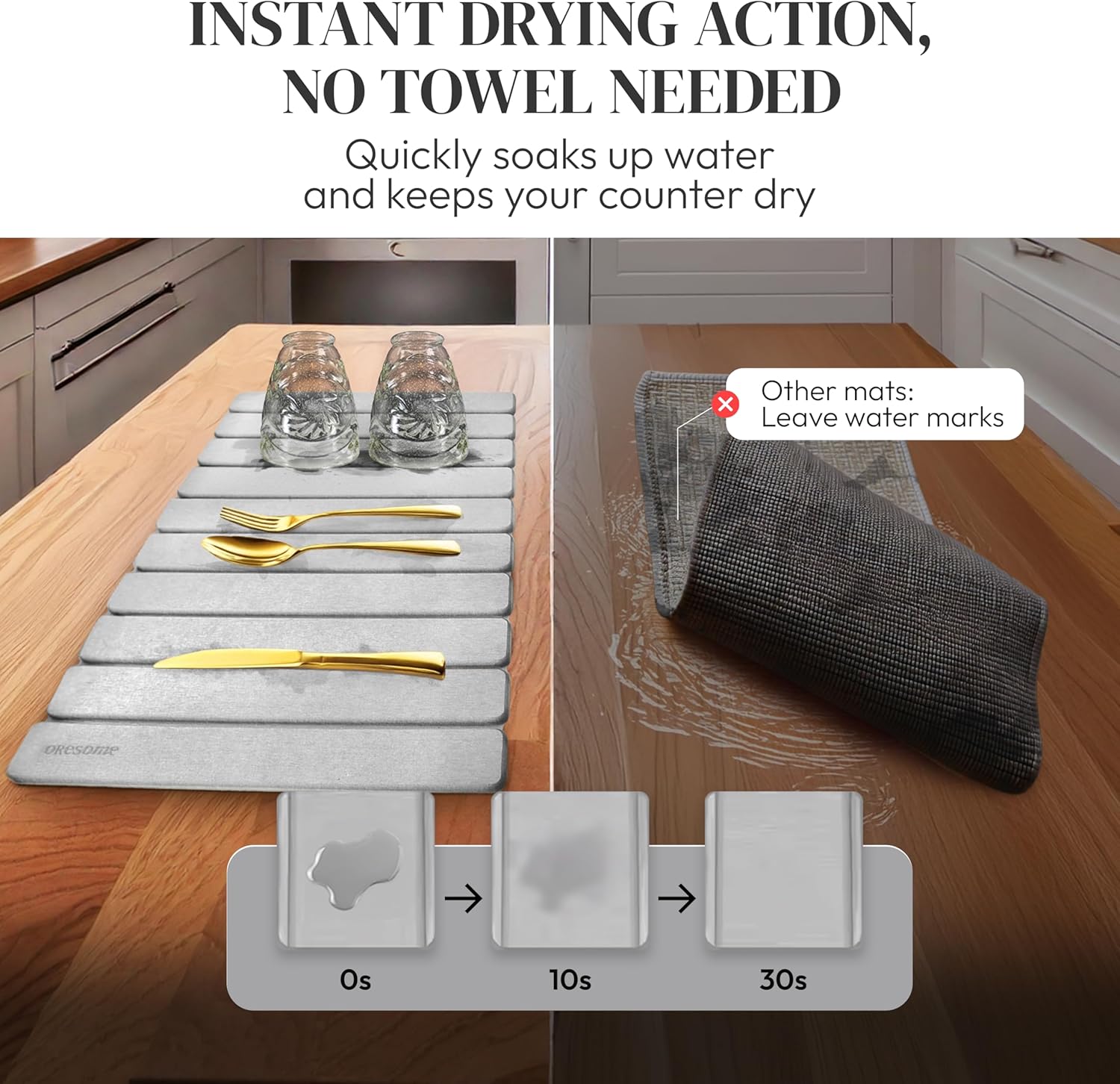 large stone drying mat for kitchen counter, ultra-absorbent & quick drying, foldable diatomaceous earth dish drying mat, durable & non-slip stone dish drying mat for dishes & utensils, 24"×16"