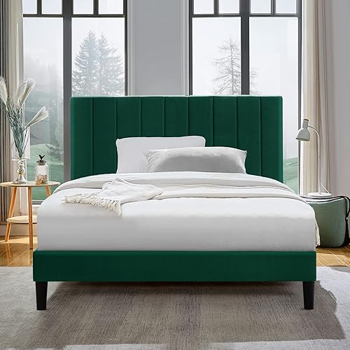 Miniatura 3 de Sunrise Coast Base de cama tamaño matrimonial con cabecero tapizado de terciopelo verde, soporte de listones de madera + marco de hierro, base de