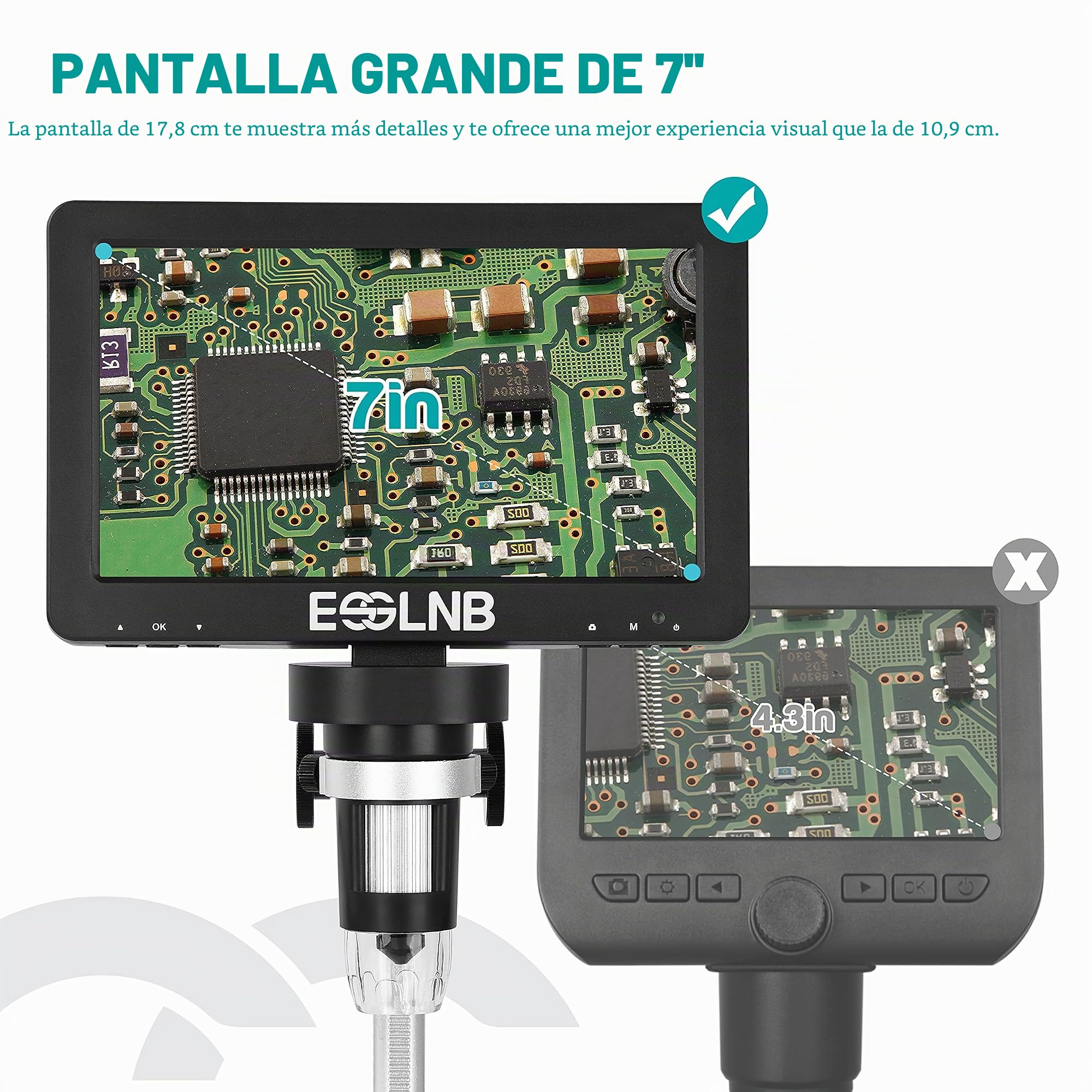 ESSLNB Microscopio Digital 7" LCD Microscopio Electronico 1080FHD Imagen con 32G Tarjeta Control Remoto 8 Luces LED Ajustables&2 Luces de Relleno Soporte de Metal Batería de Litio Recargable