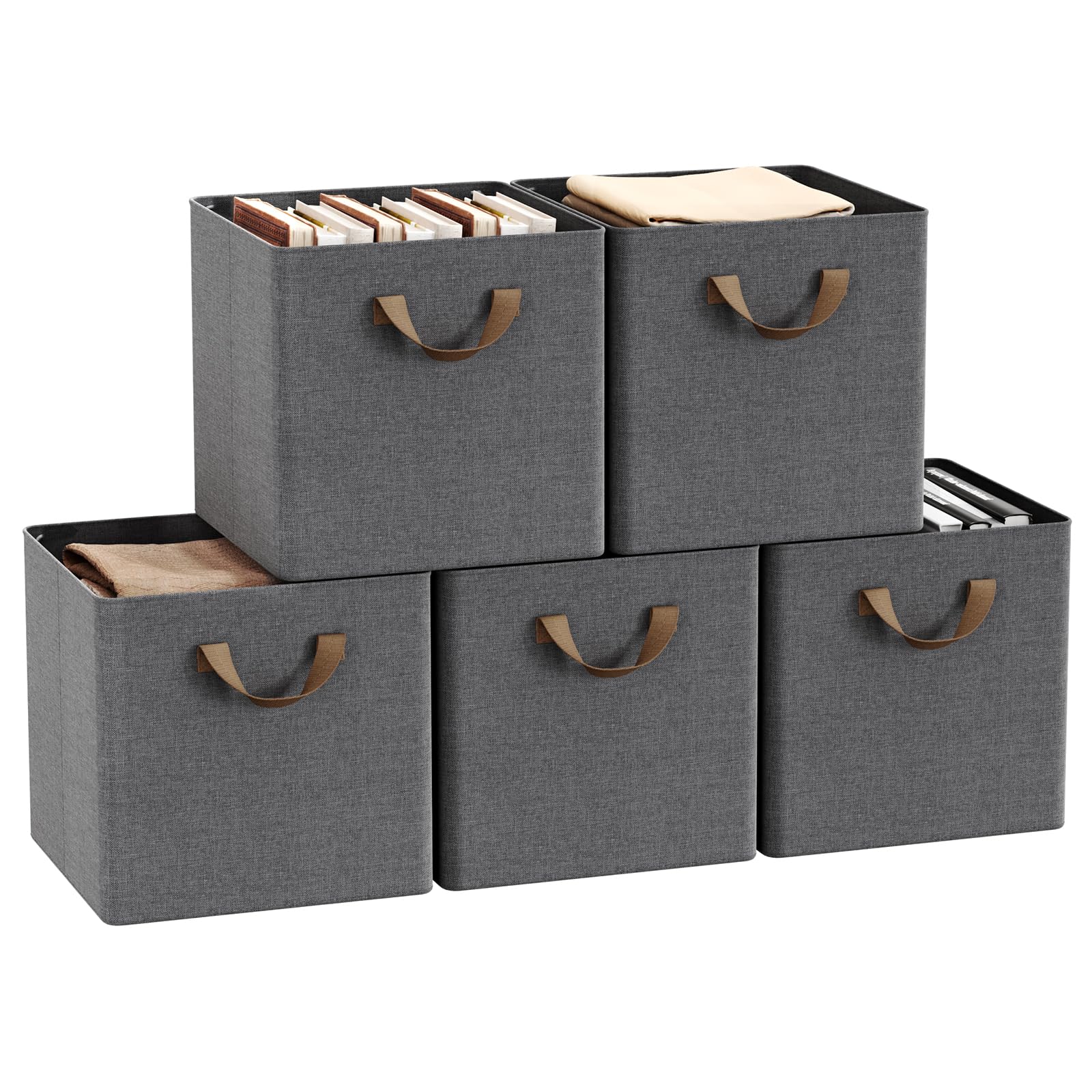 WOLTU Fabric Storage Boxes Set of 5, Collapsible Cube Baskets with Handles and Metal Frame, Wardrobe Organisers for Bedroom, Living Room, Study, Linen, Grey, 29x29x28cm