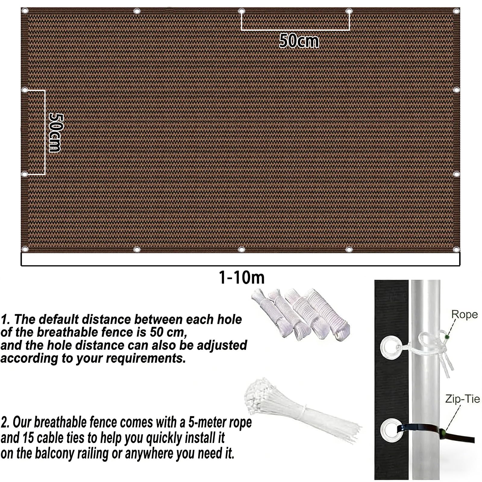 Telo Balcone 200 x 500 cm in HDPE 220G ㎡, Permeabile, Anti-Uv, Frangivento, Protezione Solare, Recinzione Copertura per Balcone con Fascette e Funi para Exterior Terraza, Marrone