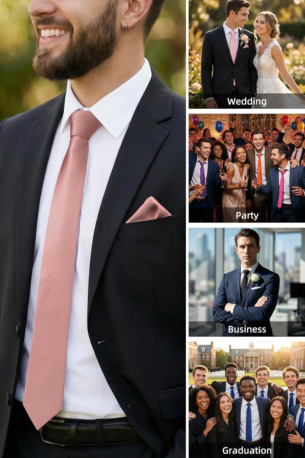 HISDERN Mens Ties Solid Color Ties for Men Formal Necktie with Pocket Square Set Satin Silk Neck Tie Handkerchiefs Set
