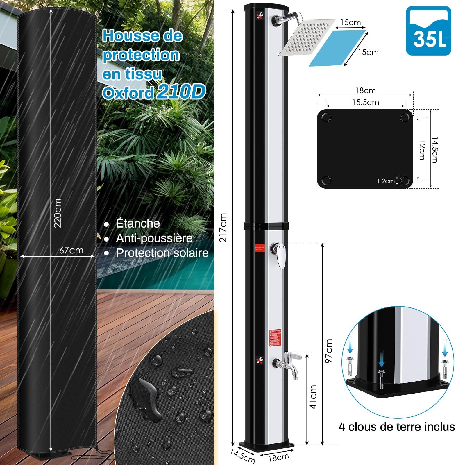 Douche Solaire 35L, 217cm, Douche de Jardin Solaire, Douche de Piscine avec Pommeau de Douche, Douche à Pieds et Housse de Protection, sans Raccordement Électrique, Température de l'Eau jusqu'à 60°C