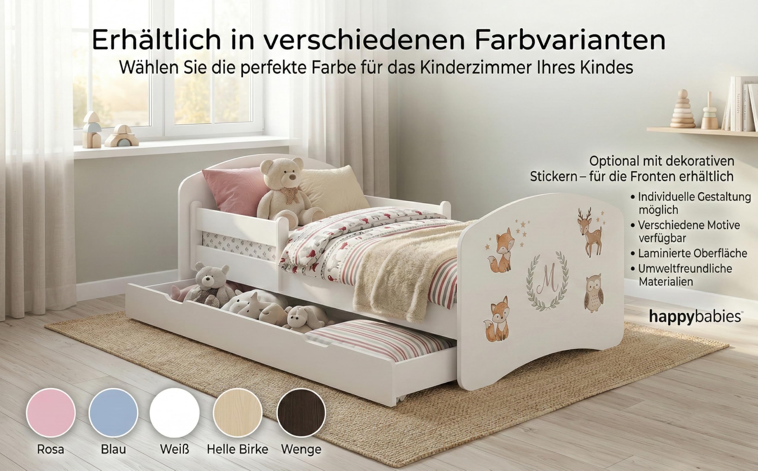 Happy Babies Kinderbett Kinderbett mit Rausfallschutz und Bettschublade, Ideales Bett für Mädchen und Jungen 160x80 mit Matratze, Rose Bett Prinzessin, Set, farbenfroh (Nr 160, 160x80)