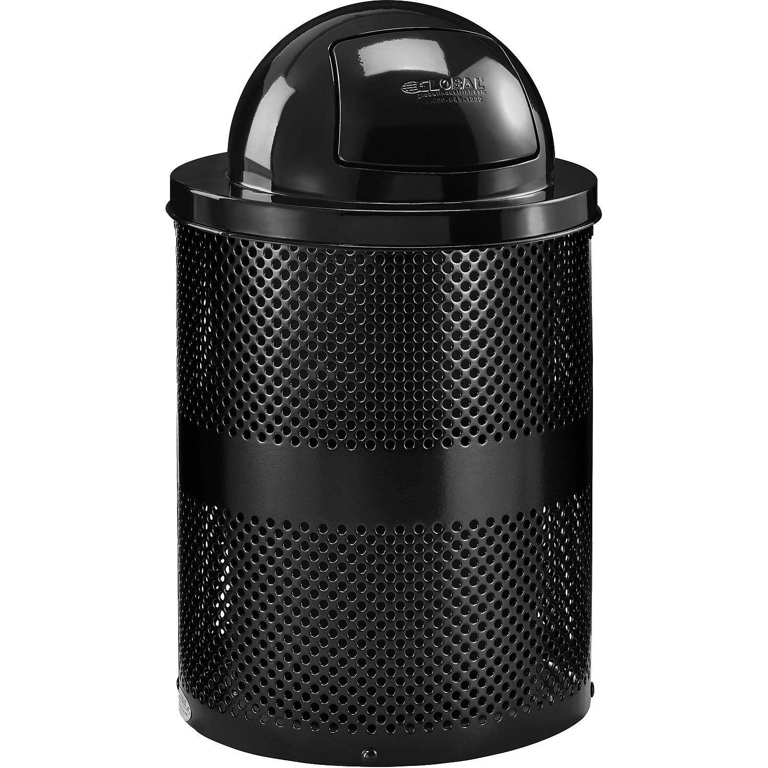 Global Industrial 36 Gallon Outdoor Perforated Steel Round Trash Can with Dome Lid Plastic Liner and Anchor Kit