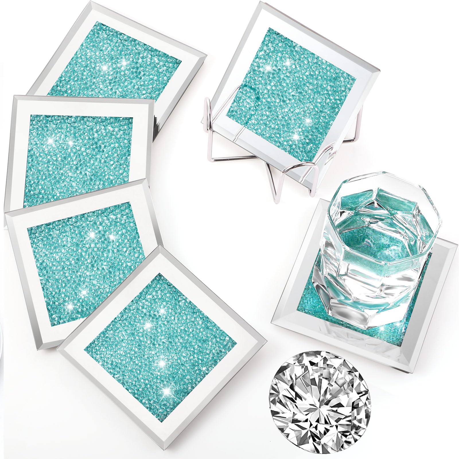 Jetec Crushed Diamond Home Decoration Glass Coaster Set of 6 with 1 Holder, Crystal Mirrored Diamond Coasters Housewarming Gifts for Home Kitchen Bar