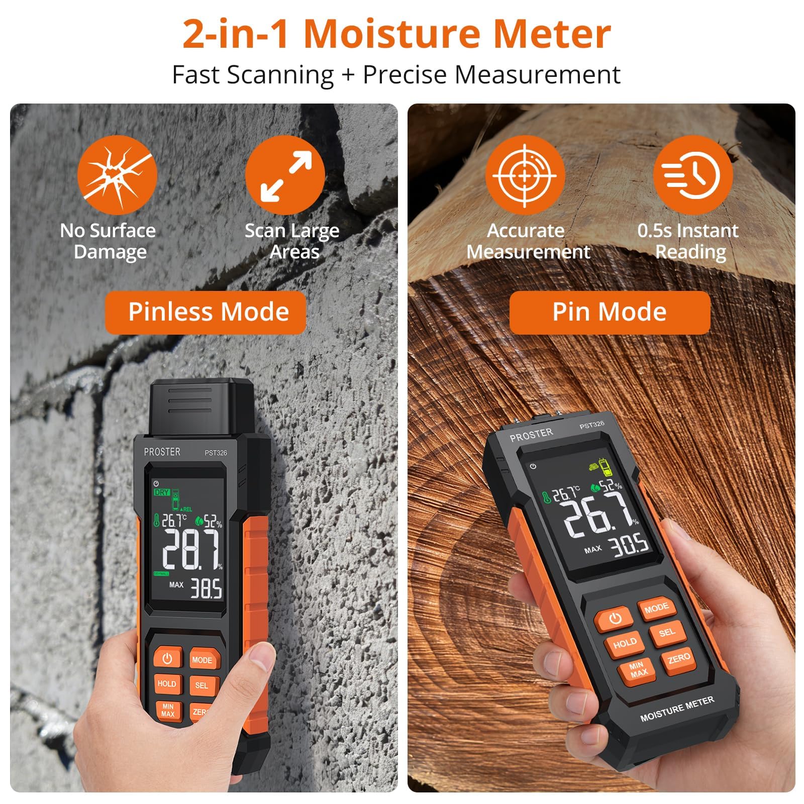 Proster Misuratore di Umidità 2-in-1 con Sonda a Punte e Senza Punte - Rilevatore di Umidità per Muri, Display LCD, Allarme Sonoro e Misurazione della Temperatura per Legno, Cartongesso e Muratura
