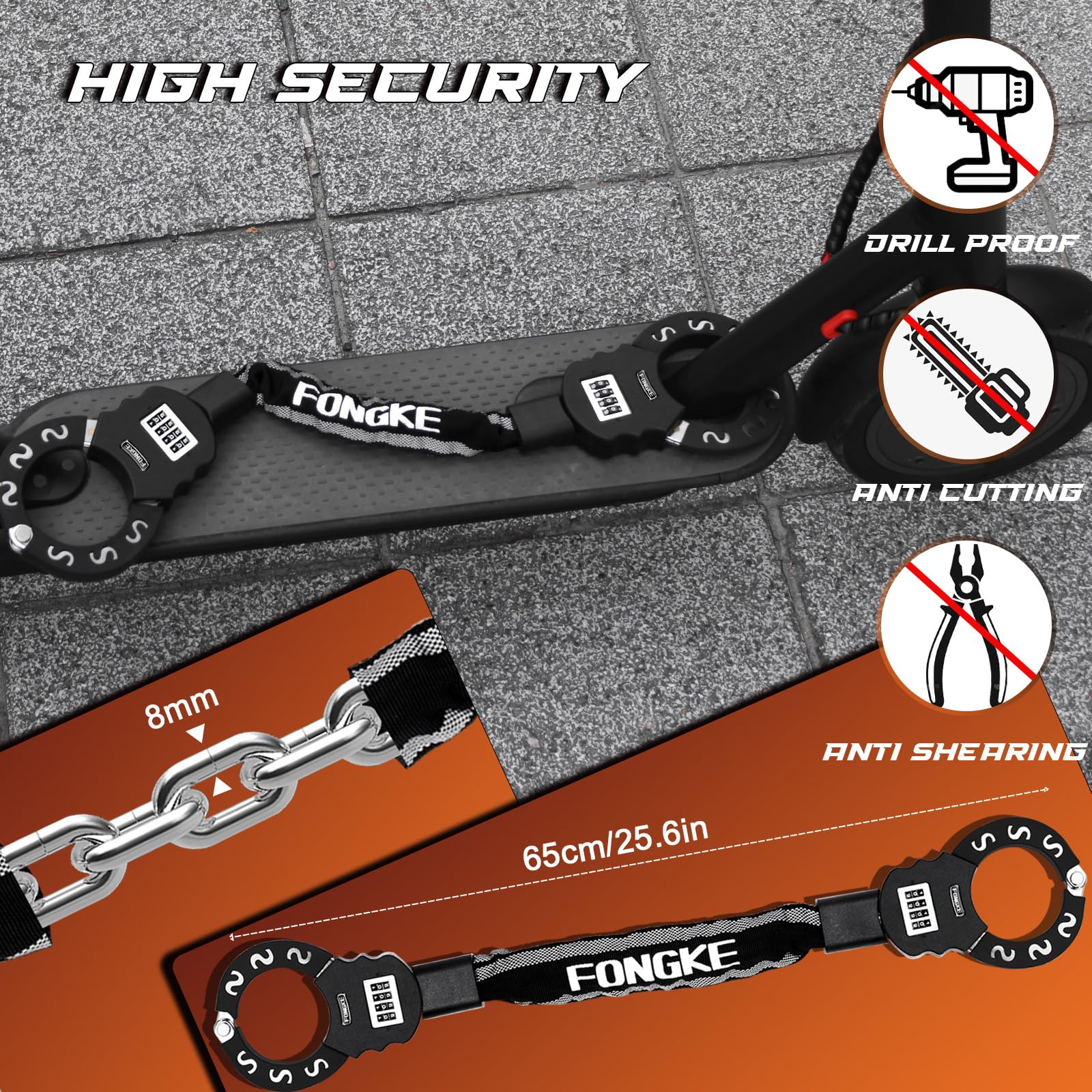 Lucchetto Per Monopattino E Bici - Catena Spessa 8mm, Con Borsa Impermeabile - Foto 2