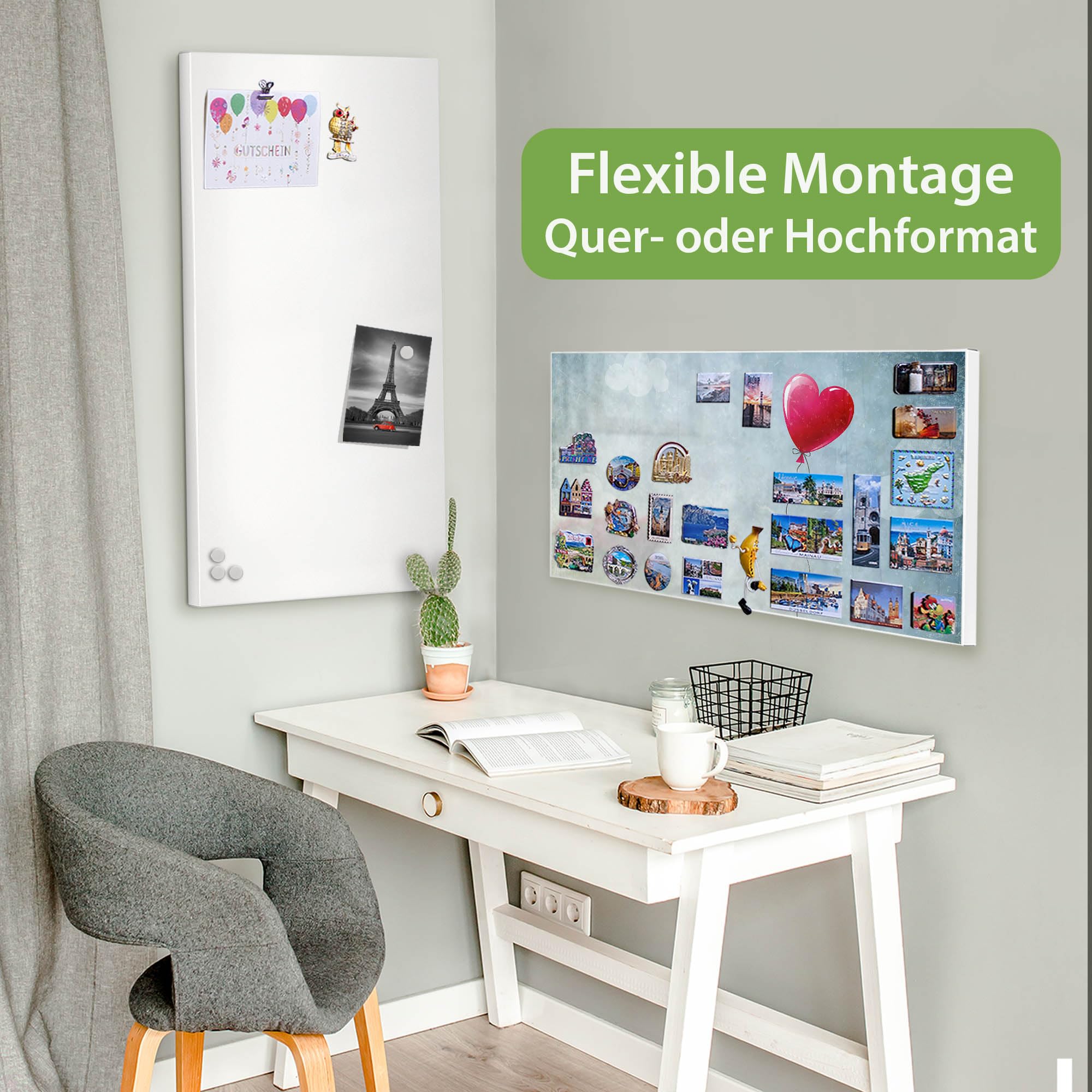 banjado Magnettafel Metall 78 x 37cm - beschreibbare Magnettafel - Metall Pinnwand als Memoboard - Magnetwand Küche, Büro, Kinderzimmer Weiß inkl. 4 Magnete & Montageset - Motiv Herzballon