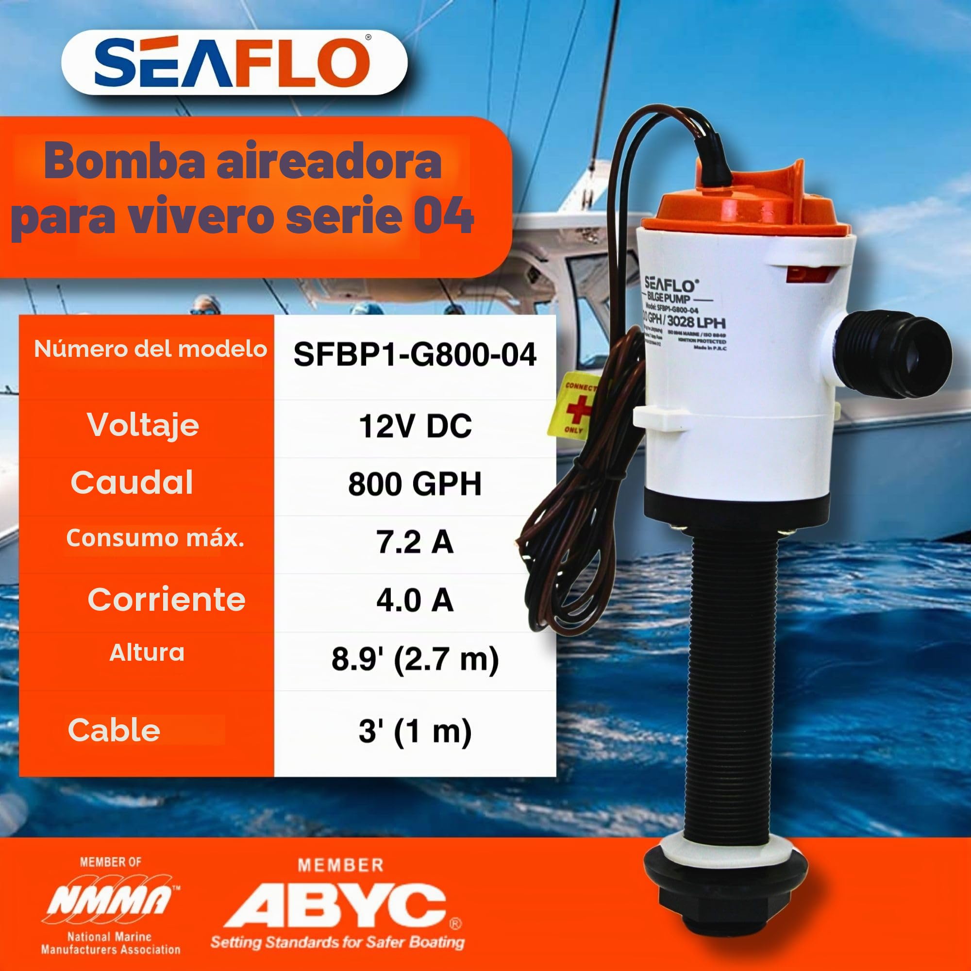 SEAFLO Bomba aireadora Livewell - 12 V, 800 GPH, sumergible, cartucho extraíble (recto)