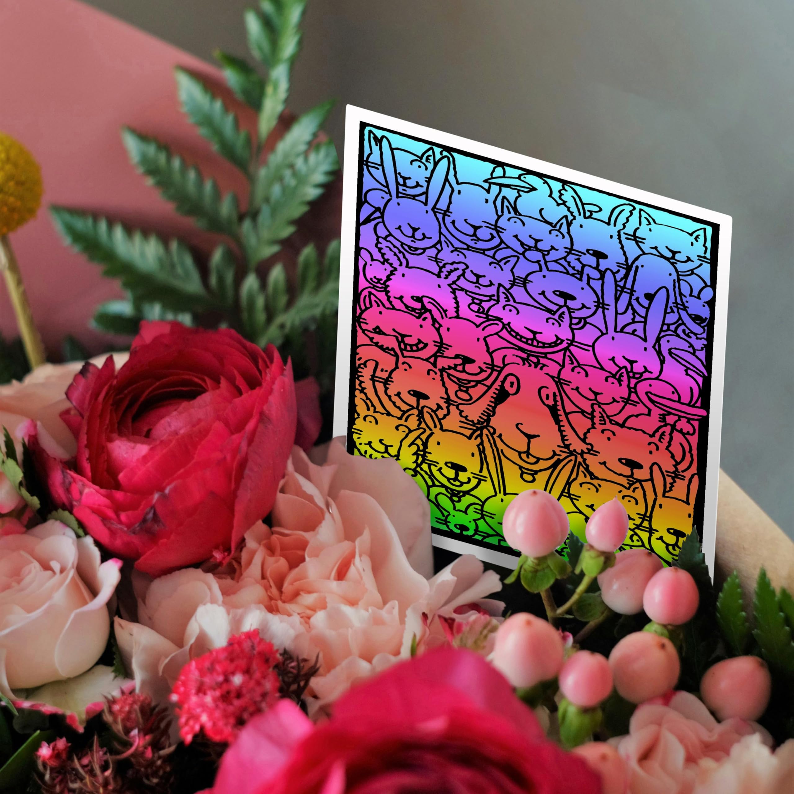 3dRose gc_116495_2 6 x 6-Inch "Cute Cartoon Rainbow Gradient Colored Pets Animals Cartoon Dogs Cats Rabbits and Birds" Greeting Card (Set of 12) - Image 3