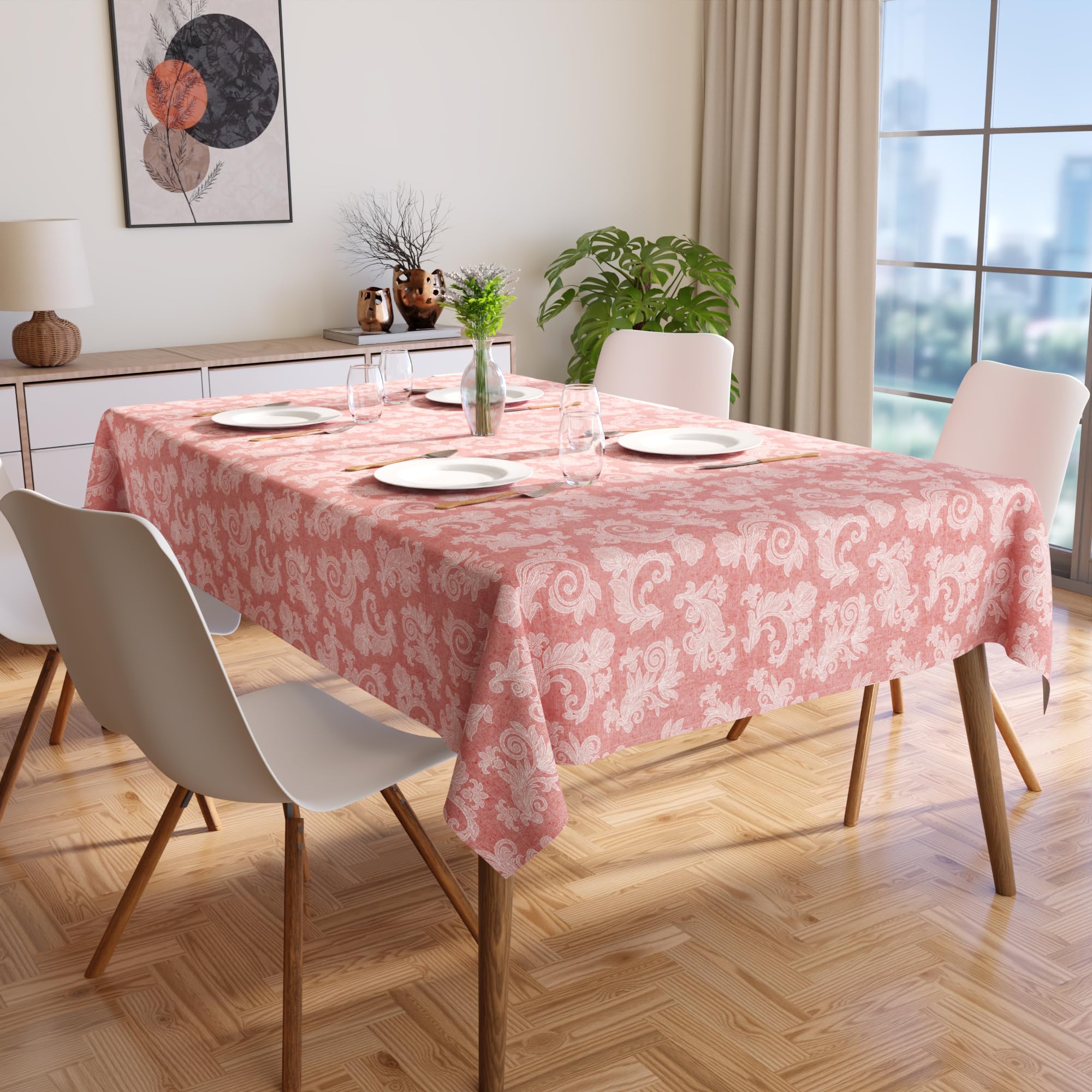 Encasa XO 4 to 6 Seater Dining Table Cloth 145x180 cm (57x72 in) I Floral Red Jacquard Style Print on Chambray Homespun Cotton I for Family Gatherings Parties I Washable - Image 2