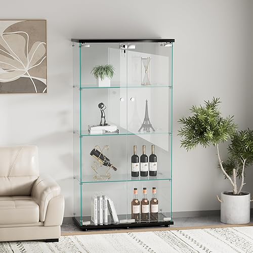 Miniatura 17 de Vitrina de cristal, 4 estantes, vitrina de cristal Curio con 1 puerta, estantería de vidrio de pie para sala de estar, dormitorio, oficina en casa,