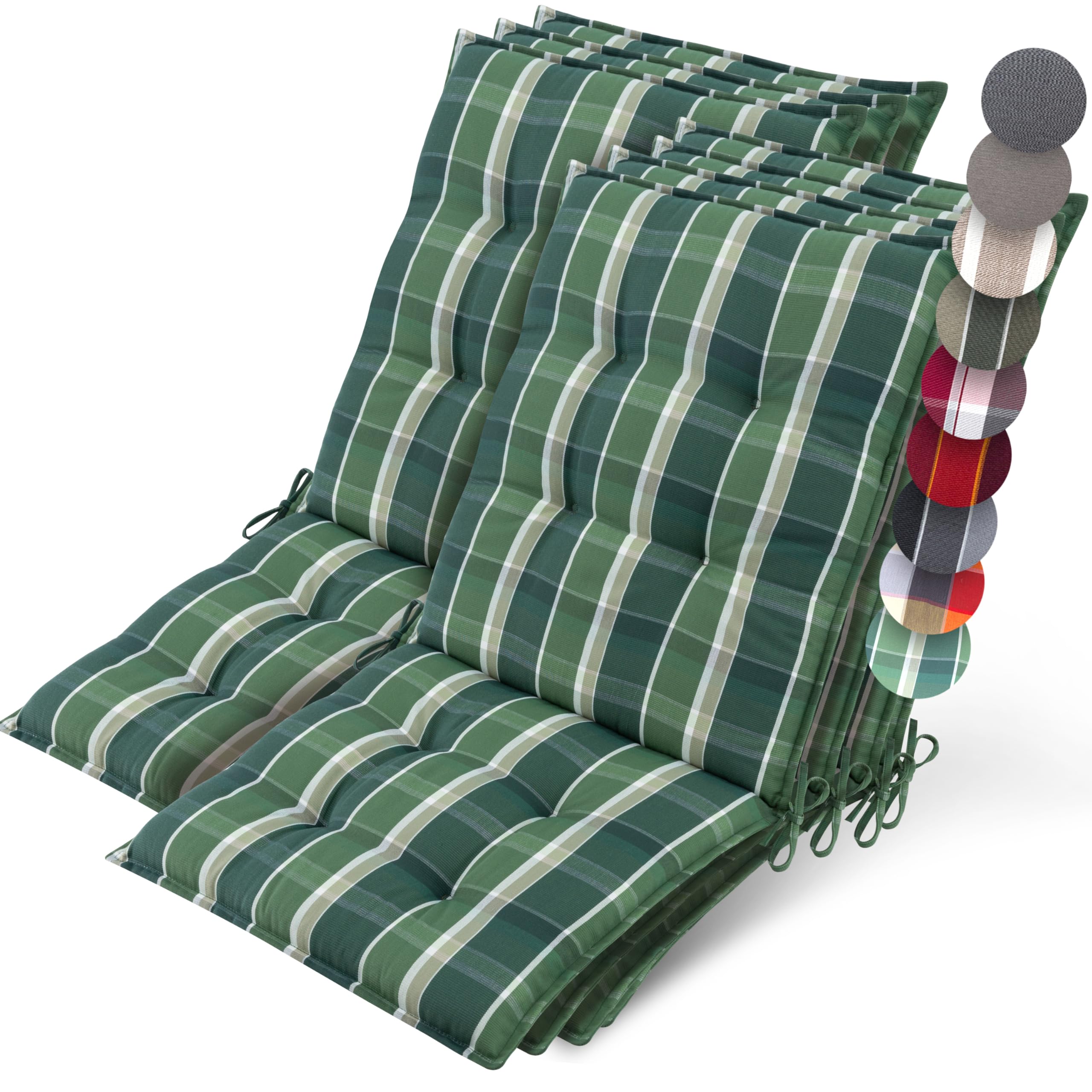 Beautissu Set of 7 Premium Outdoor Chair Cushion Low Back 100x50 cm - UV 8 cm Thick Padding Seat Cushions for Garden Chairs Non-Slip Fastening Straps - Green Quequered - Sun-HL