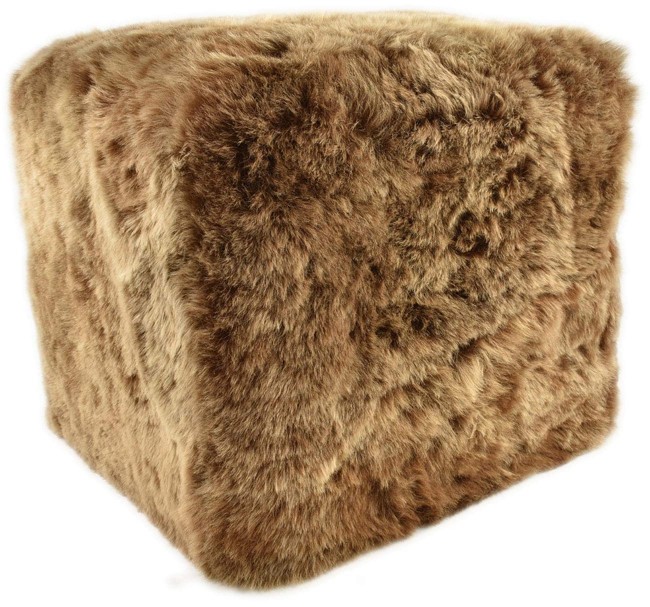 generisch Hocker Ottomane Sitzwürfel Pouf aus Lammfell Goldbraun mit Holz Gestell 42 x 42 x 42 cm