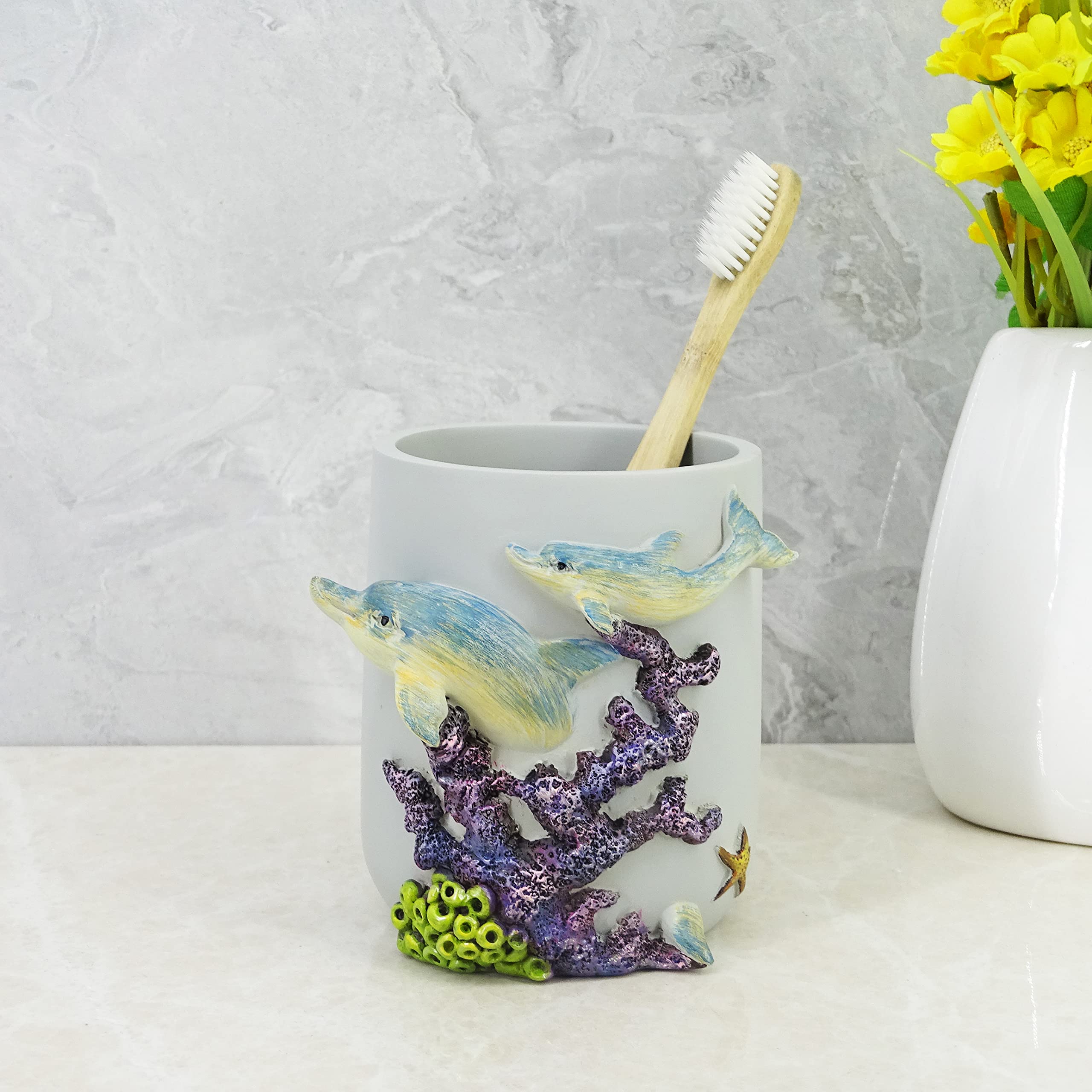 YHHRESINKING 3D Resin Bathroom Tumbler Cup for Vanity Countertops Mother & Baby dolphins. The dolphins Ocean Animal Landscape .Home Bathroom collection