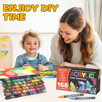 NICETY 168 Acrylic Paint Markers, Acrylic Paint Pens, 0.7mm Fine Tip Fabric Paint Markers for Clothes & Textile - High Coverage on Wood, Rock, Glass - Art Supplies for Artists, Adults & Craft Lovers.