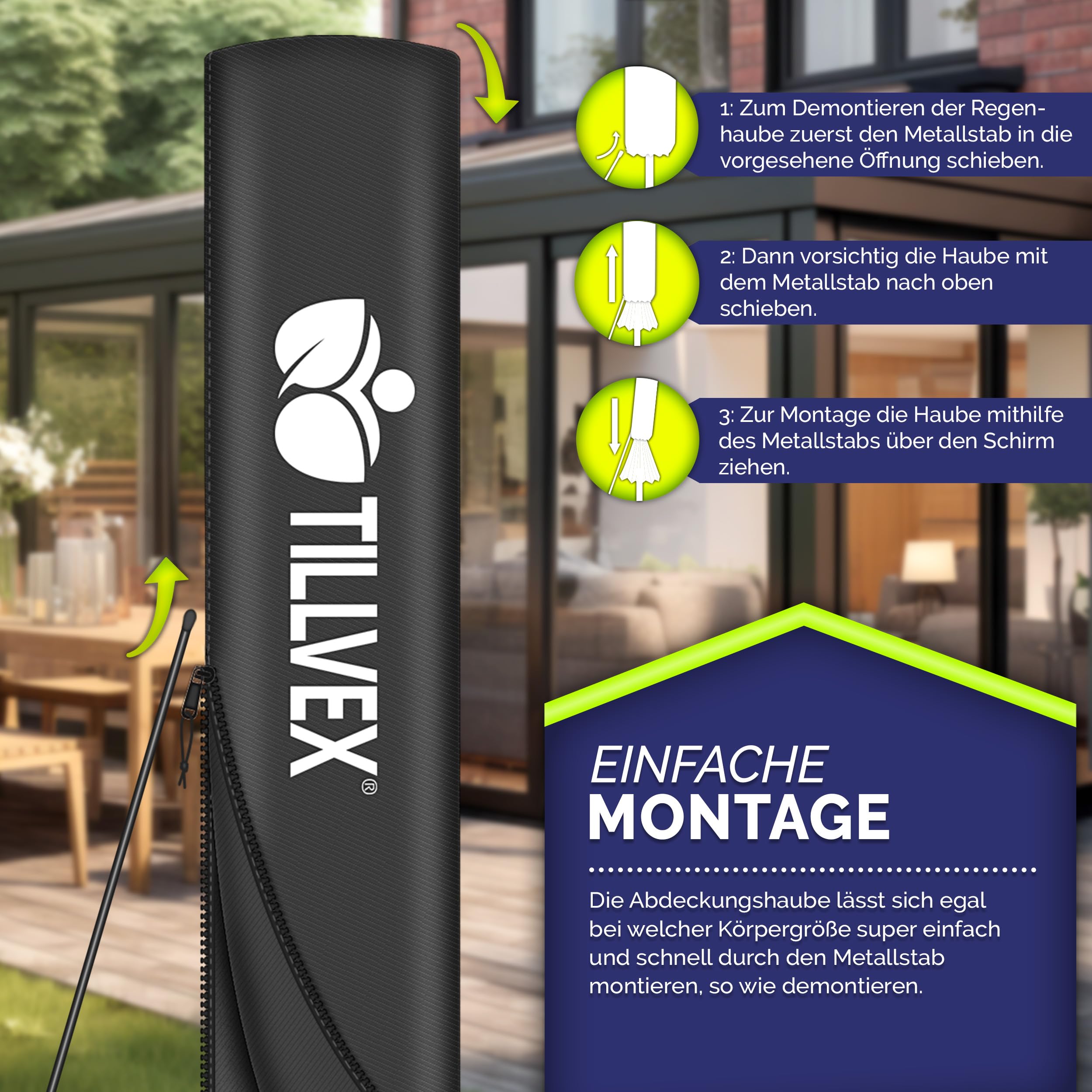 tillvex Alu Ampelschirm + Abdeckung LED Solar Ø 300 cm mit Kurbel, Abdeckung + Ständer | Sonnenschirm mit Windschutz | Gartenschirm UV-Schutz Aluminium | Kurbelschirm Marktschirm wasserdicht