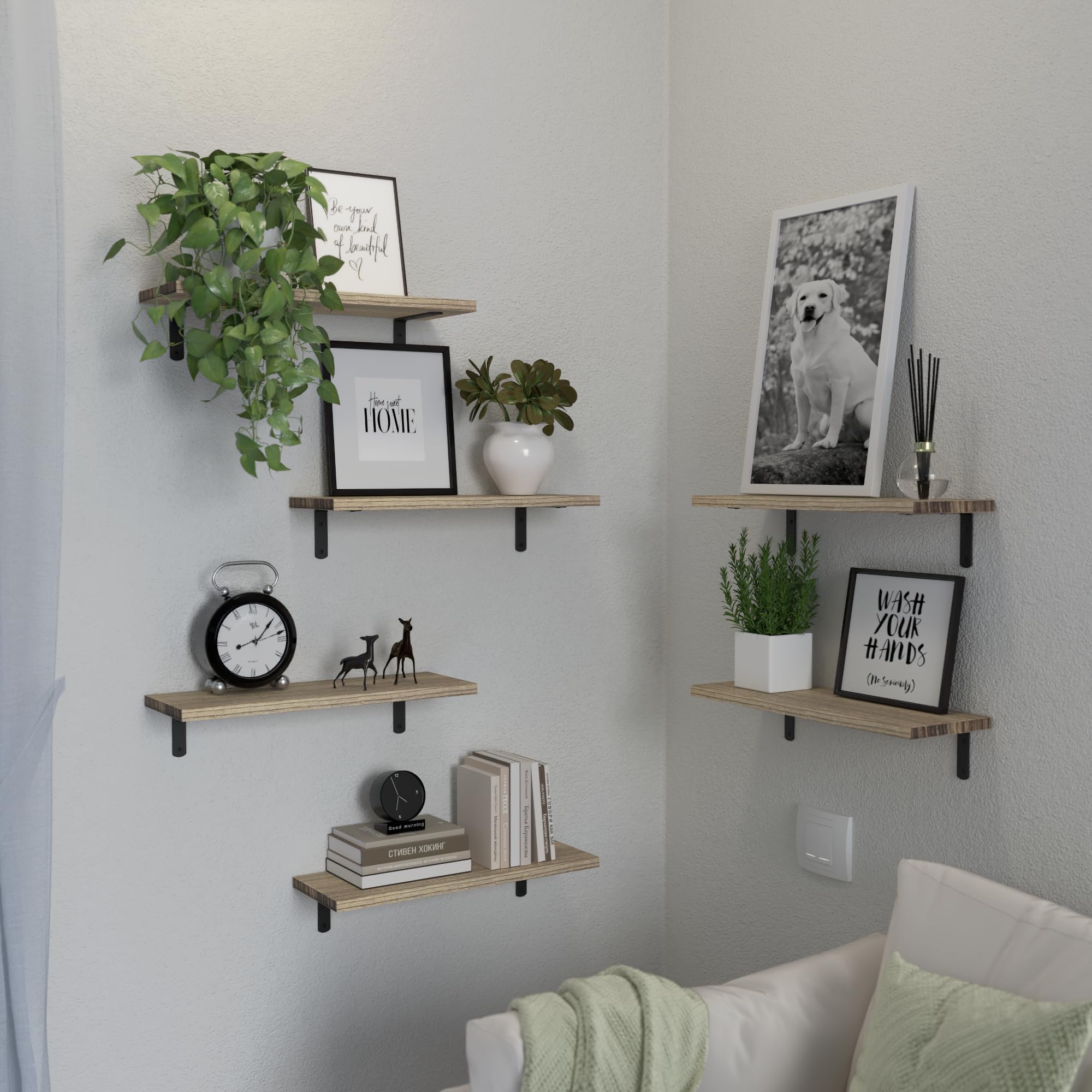 DOLLFIO Floating Shelves, 6 Sets Wall Shelves, Wooden Floating Shelves for Wall Décor, Wall Mounted Floating Bathroom Shelf for Storage, Floating Book Shelf for Bedroom, Living Room - Rustic Brown