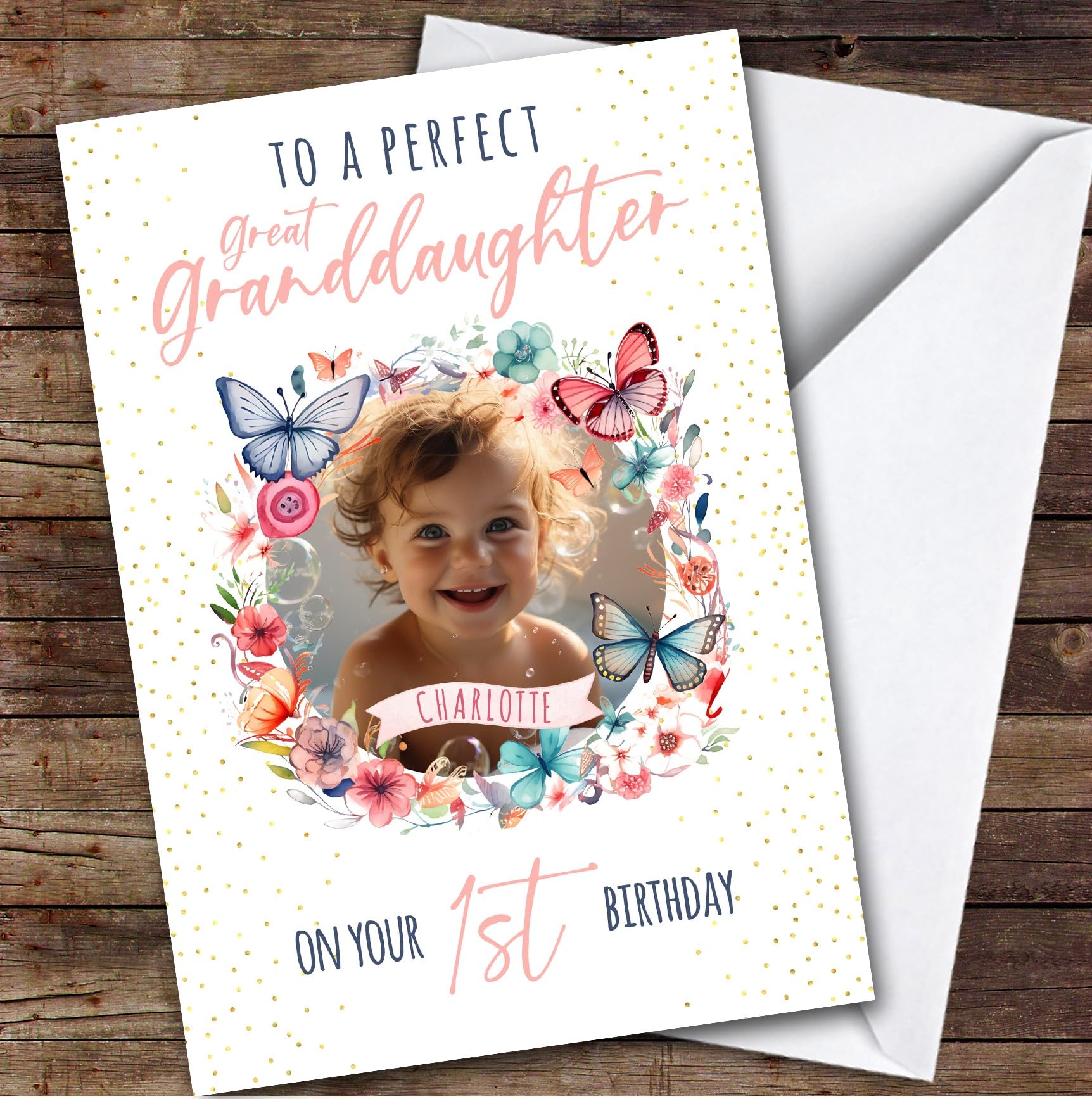 Great Granddaughter 1st Butterflies Wreath Photo Personalised Birthday Card - Personalised Birthday Greeting Card for Kids, Custom Birthday Card