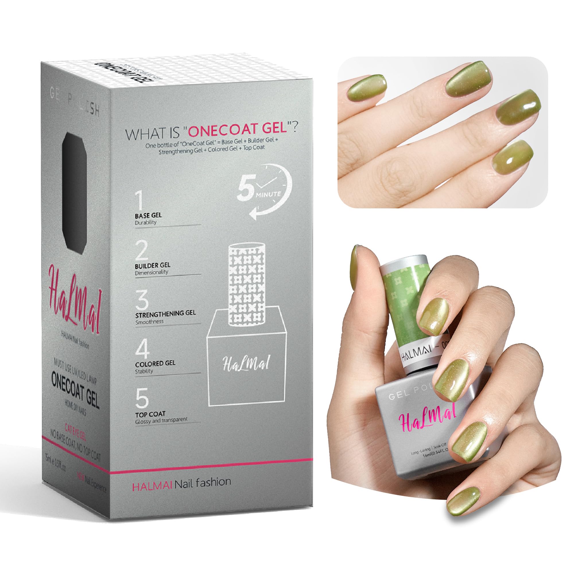 HALMAI Smalto Semipermante Cat Eye OneCoat con Magnete 5 in 1 per Unghie (Base, Colore, Ricostruzione, Rinforzante, Top Coat) -Regalo per Unghie Fai da Te, Ideale per Principianti & Casa (Verde)
