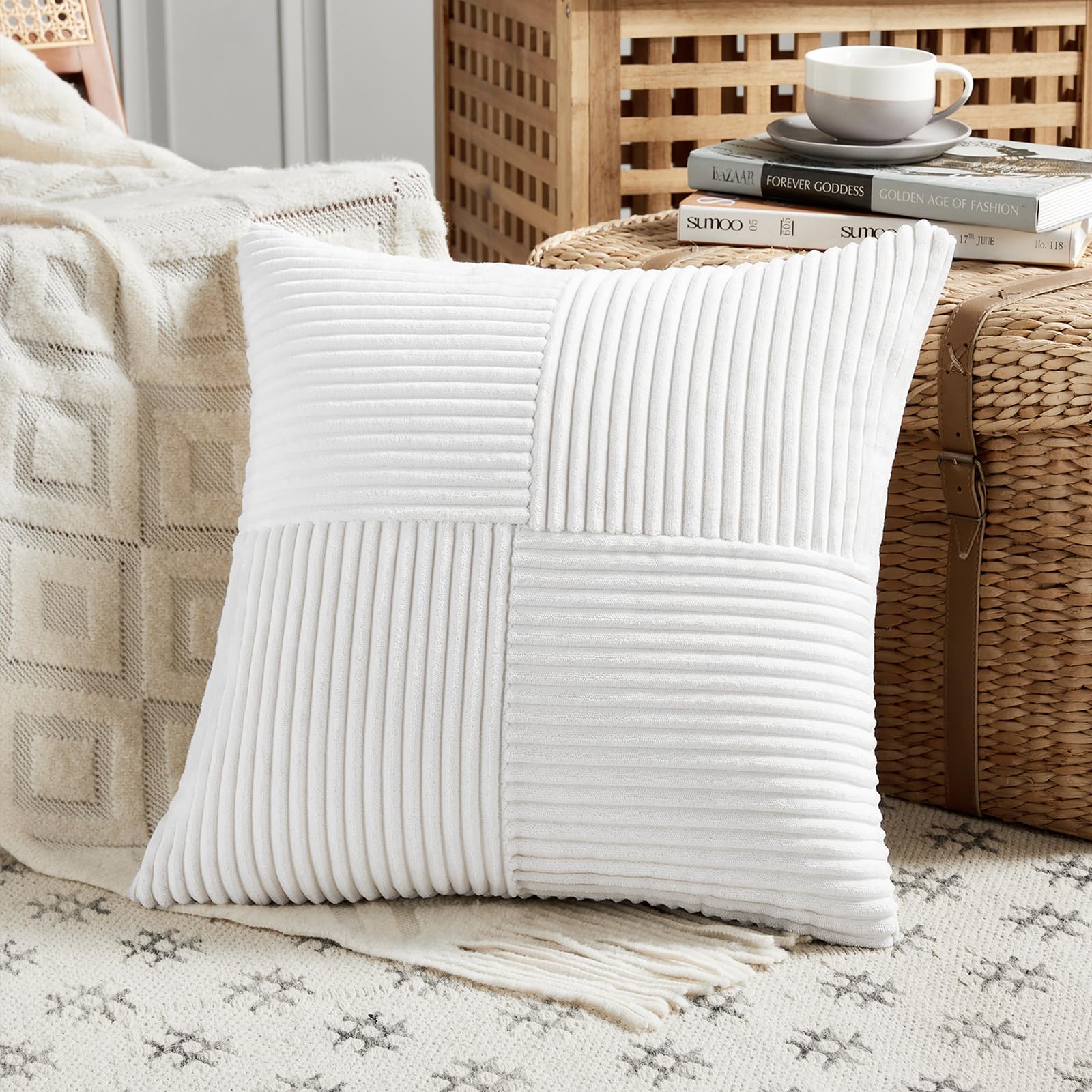 FDTERN Pure White Decorative Throw Pillow Covers 20x20 Inch for Living Room Couch Bed Sofa, Rustic Farmhouse Boho Home Decor, Soft Corss Corduroy Patchwork Accent Cushion Covers 50x50 cm — image 1