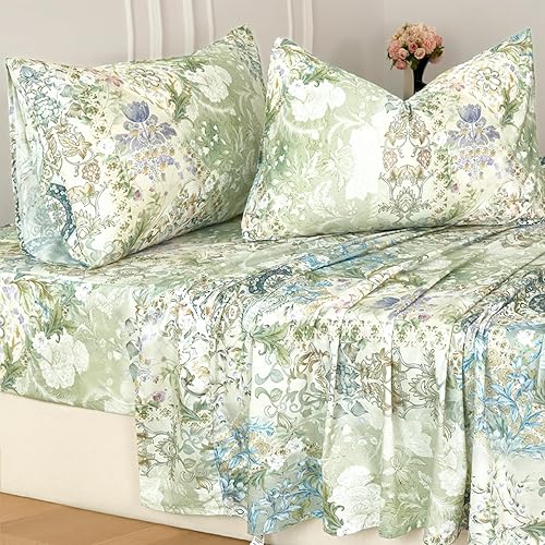 Zusbest California King Sheets Luxury Sage Green Floral Bed Sheet Set 100% Cotton, Satin Weave Soft Silky Breathable for Hot Sleepers American Country Vintage Flower Deep Pocket 17.5‘’ Bed Set 4Pcs