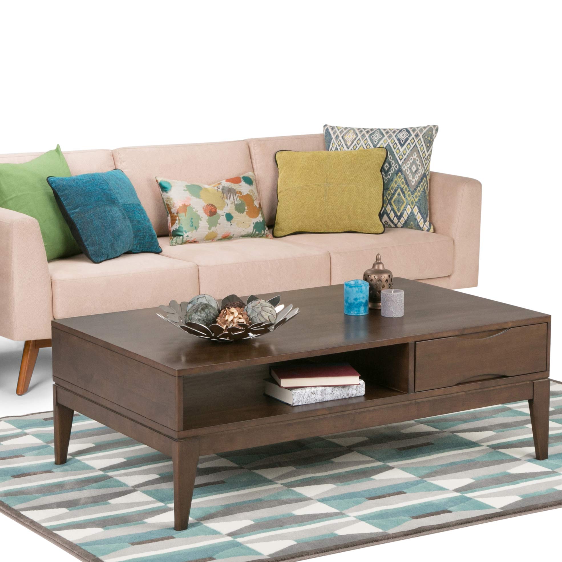 Simpli Home Harper SOLID HARDWOOD 52 inch Wide Rectangle Mid Century Modern Coffee Table in Walnut Brown with Storage, 1 Drawer and 1 Shelf, for the Living Room, Family Room