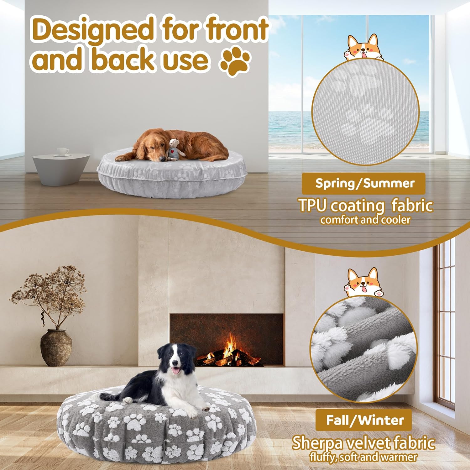 BALAPET Washable Dog Bed Covers Replacement Round Waterproof Bed Cover for Dog Soft Pet Bed Cover with Lovely Dog Paw Print and Double-Sided Usable Design,Cover Only(Gray)