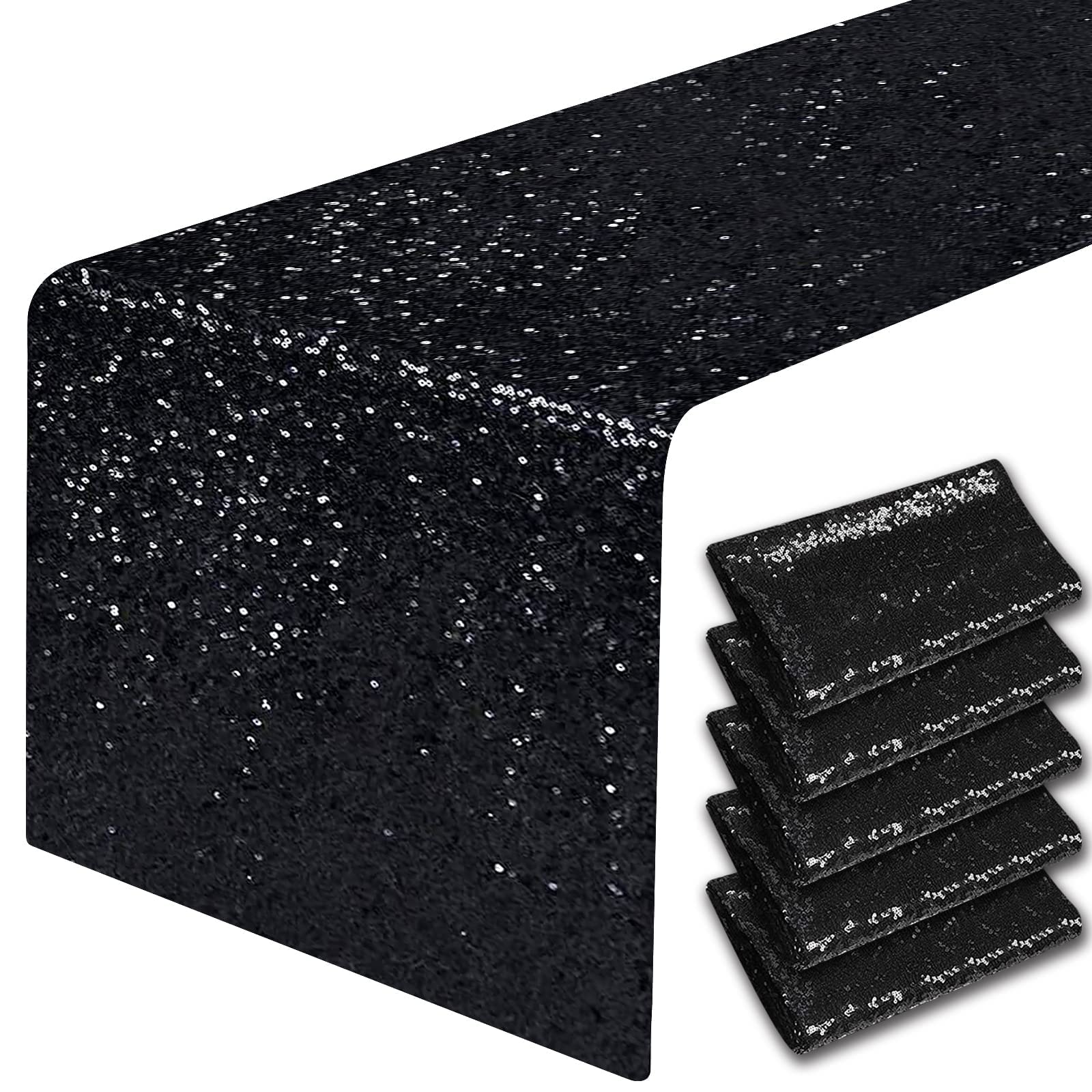 yubooBlack Sequin Table Runners, 6 Pack Glitter 12''x108'' Glitter Table Cloth for Halloween Party Decorations