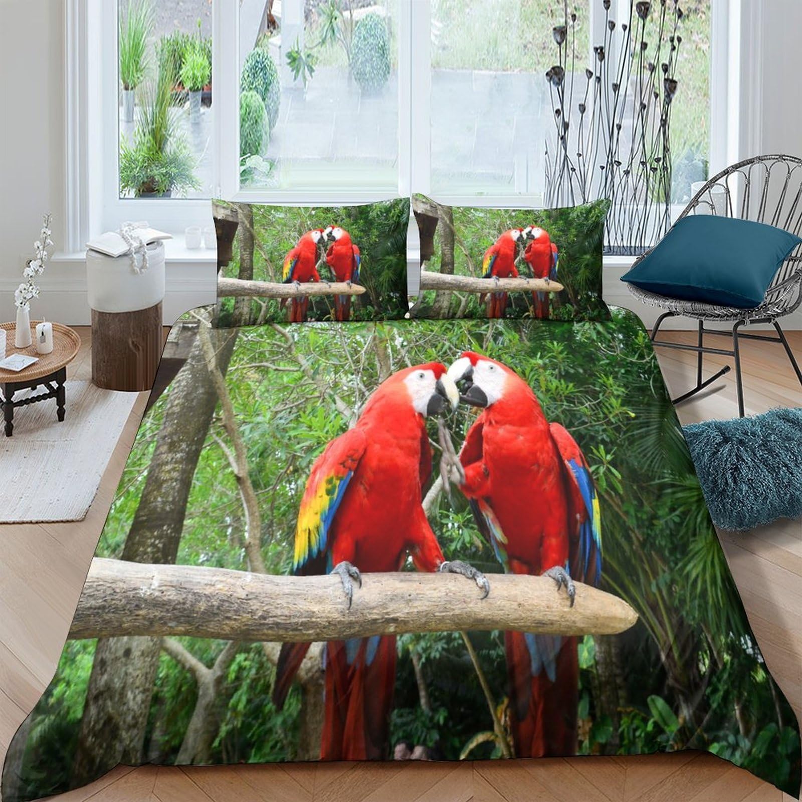 Ctjqhvkz Style-2 3D Printed Red Parrot Fitted Sheet Microfiber Soft Breathable Tropical Forest Mattress Cover For Bedroom Dorm Decor Single（135X200cm）