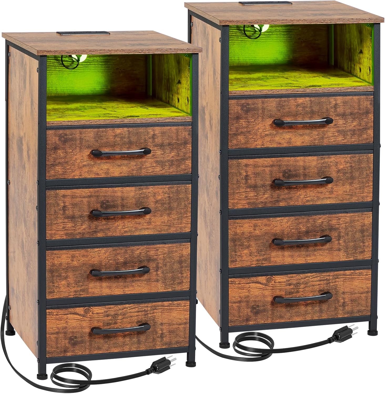 Night Stand Set 2, Tall Nightstand with Charging Station, Dresser for Bedroom with 4 Drawers, LED End Tables with USB Ports and Outlets, Rustic Brown, HNS034PBR Rustic Brown 4 Drawers