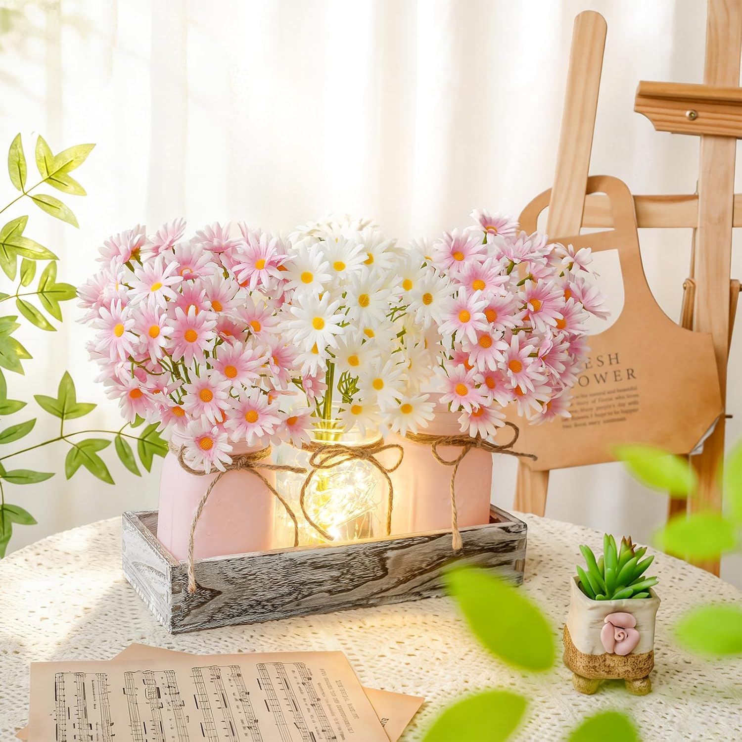Mason Jar Lights Centerpiece Table Decor for Dining Room – Farmhouse Wood Tray with 3 Jars, Pink & White Daisy Flowers, Valentines Day & Wedding Decoration for Coffee Table, Kitchen, Living Room