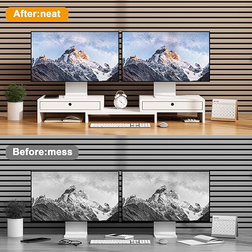 Miniatura 6 de LAPTAIN Soporte de madera para monitor doble con 2 cajones, soporte elevador para monitor con longitud y ángulo ajustables, soporte organizador de