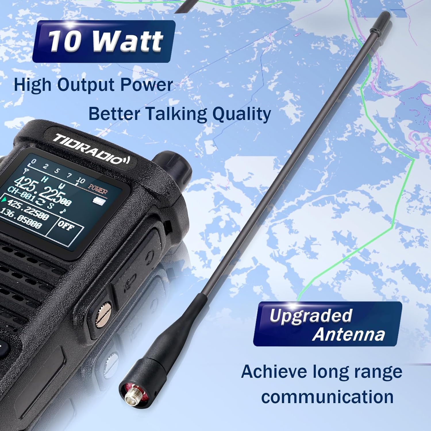 Close-up of the TIDRADIO TD-H8 radio with an upgraded antenna, emphasizing its 10 Watt high output power.