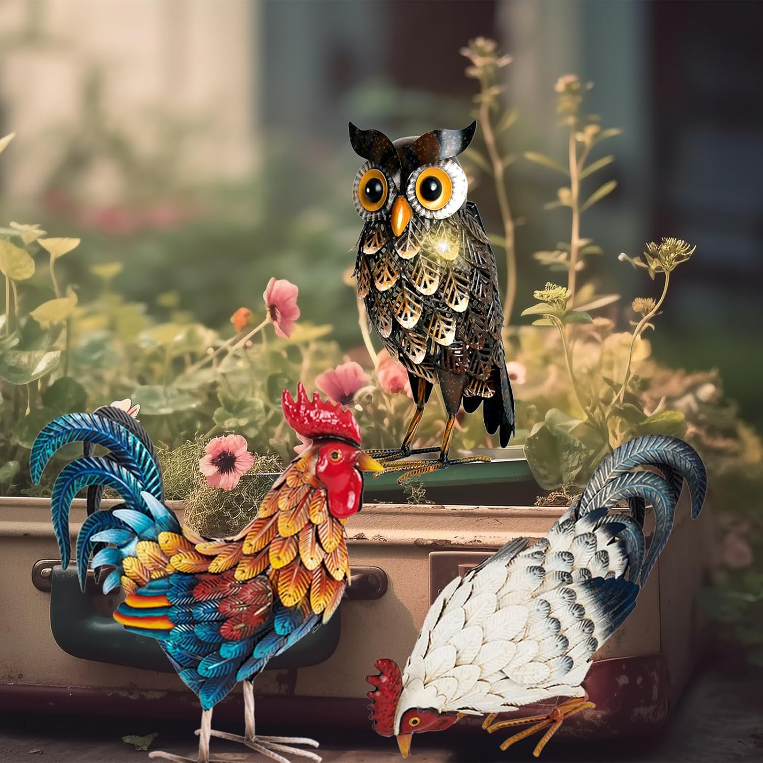 Shorayn Metal Rooster Statues,Owl Statues,Outdoor Garden