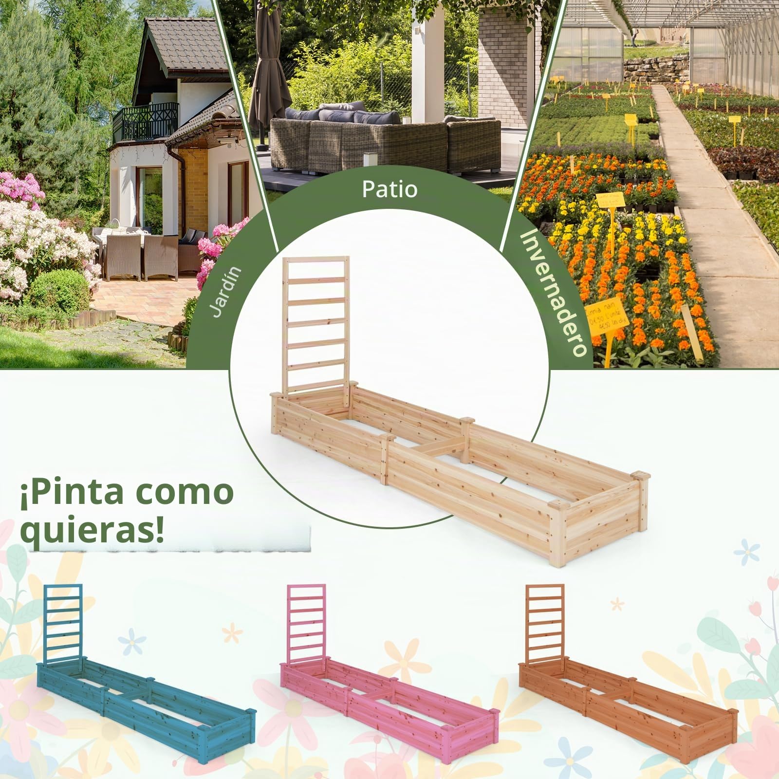 GOPLUS Jardinera con enrejado, bancal alto con enrejado, jardinera con suelo abierto, enrejado de madera de abeto, bancal de hierbas para patio, terraza (235 x 63 x 102 cm)