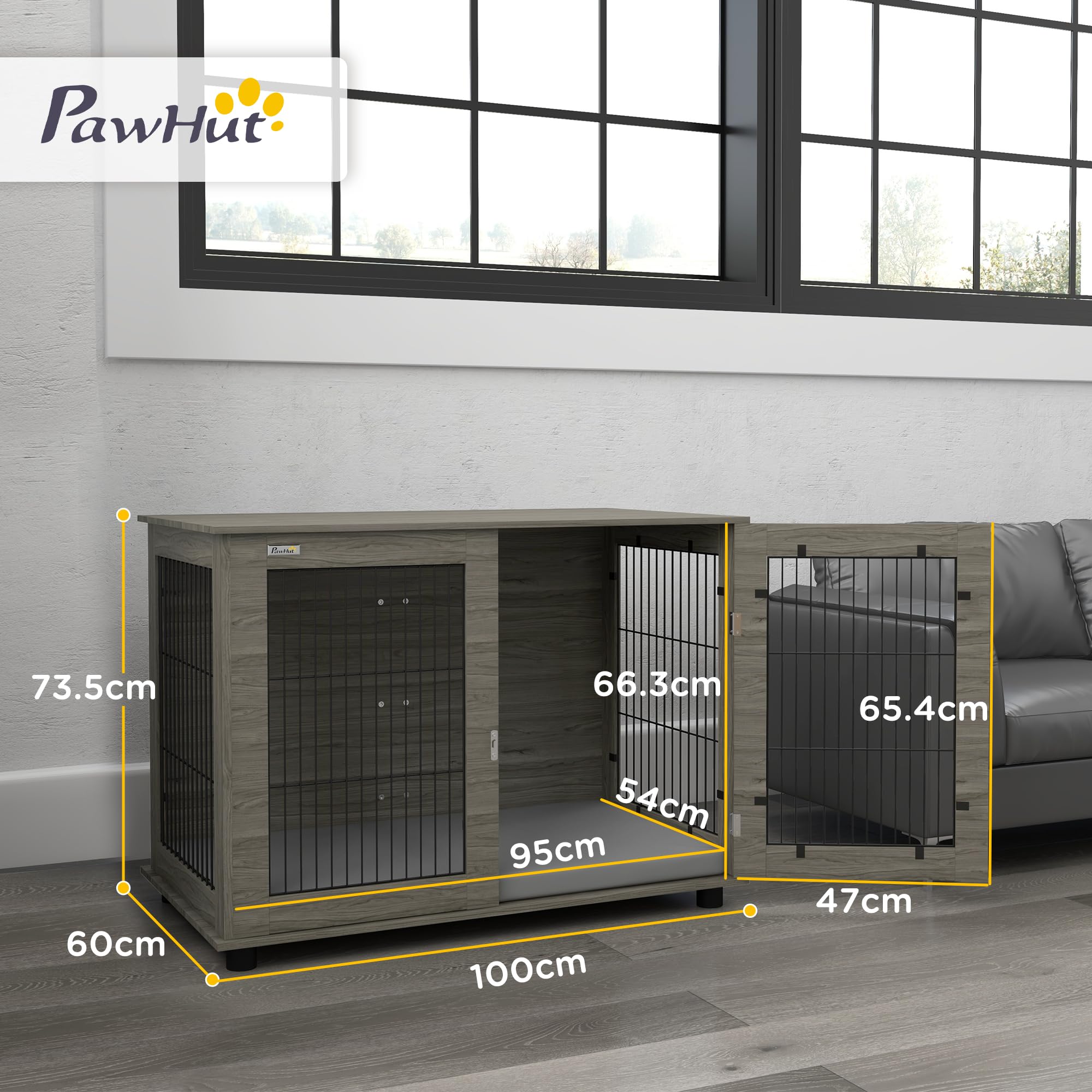 PawHut Gabbia per cani interni fino a 30 kg, 100 x 60 x 73,5 cm, grigio | Tavolino per cani, cuccia per cani, cuscino sfoderabile, porta bloccabile, facile da montare