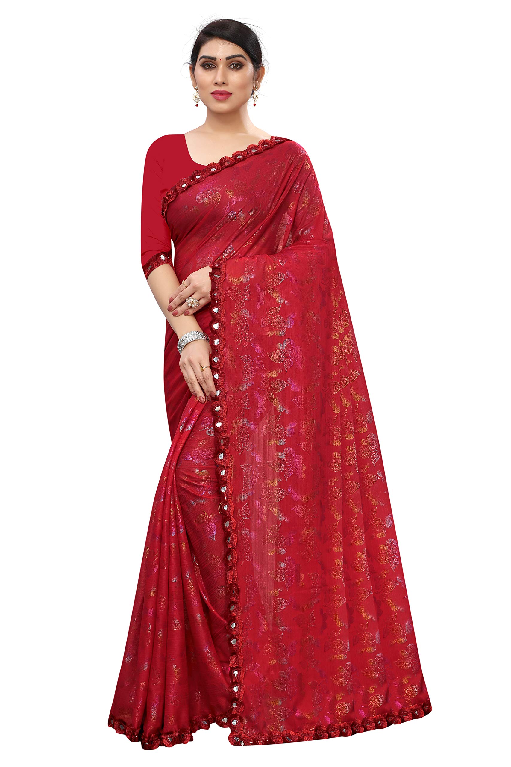 MANSVI FASHIONwomen's lycra saree with blouse piece, Red
