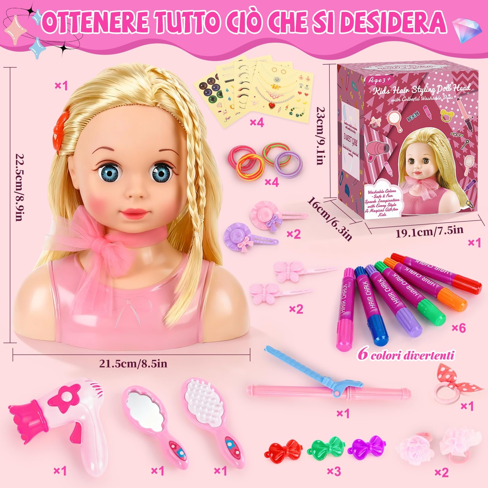 Testa Bambola da Truccare e Pettinare, Bambola Parrucchiere per Bambini, Lavabili Parrucchiere Testa Giocattolo con Forcine Regalo per Ragazze 4 5 6 7 8 Anni