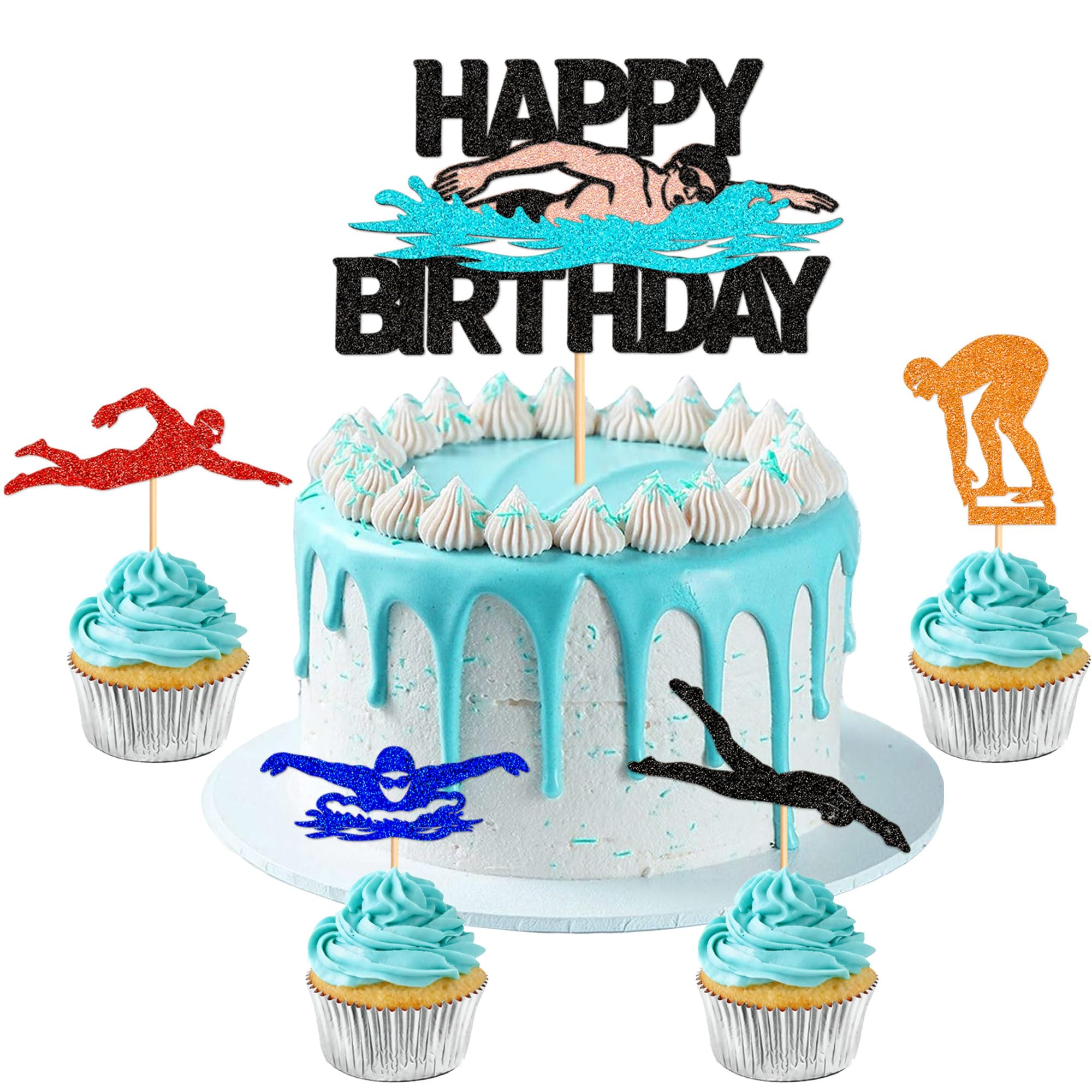 Blumomon 25Pcs Swimming Happy Birthday Cake Topper Glitter Swimmer Silhouette Cupcake Toppers for Swimming Lovers Birthday Cake Summer Swimming Pool Party Supplies — image 1