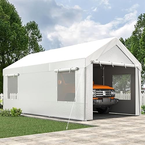 EROMMY Carport, 10' x 20' Heavy Duty Carport with Roll-up Windows，Portable Garage with Removable Sidewalls, Car Canopy with All-Season Tarp and Sandbags for Truck, Tractor, Boat, White